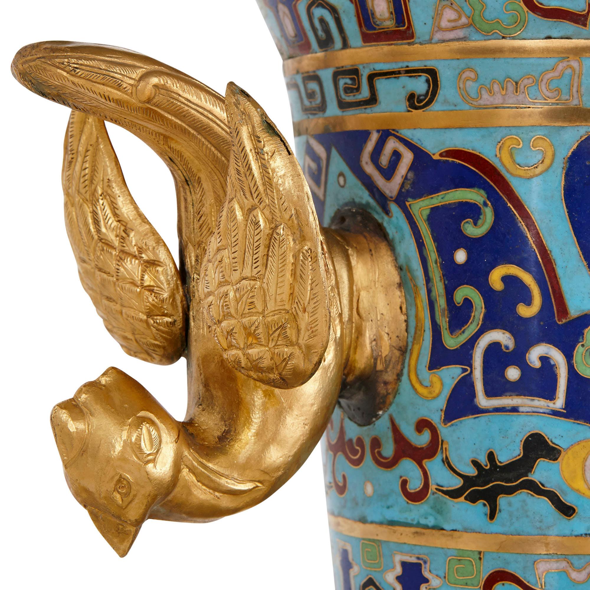 Cloissoné Two Chinese Gilt Bronze Mounted Cloisonné Enamel Vases For Sale