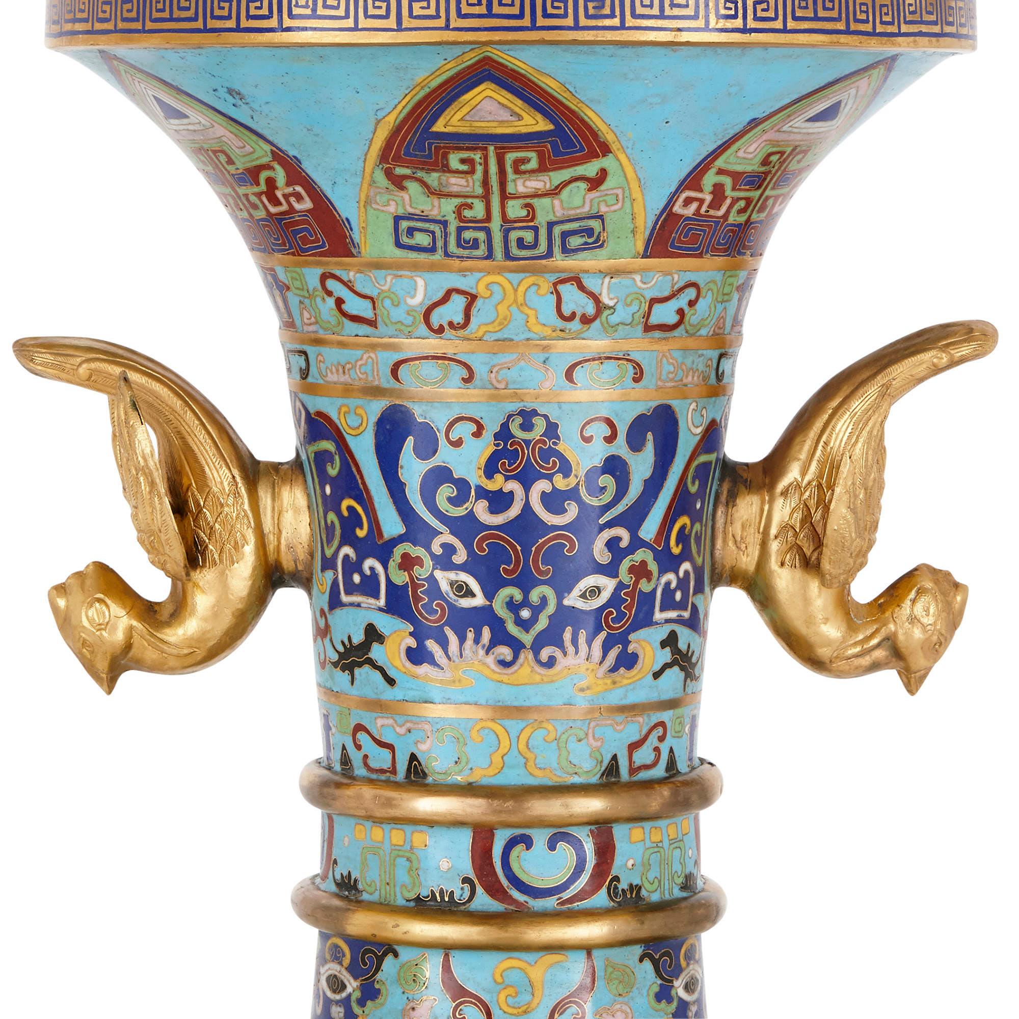 Two Chinese Gilt Bronze Mounted Cloisonné Enamel Vases In Good Condition For Sale In London, GB