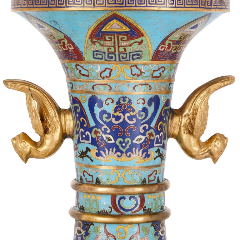 20th Century Two Chinese Gilt Bronze Mounted Cloisonné Enamel Vases For Sale