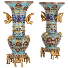 Two Chinese Gilt Bronze Mounted Cloisonné Enamel Vases