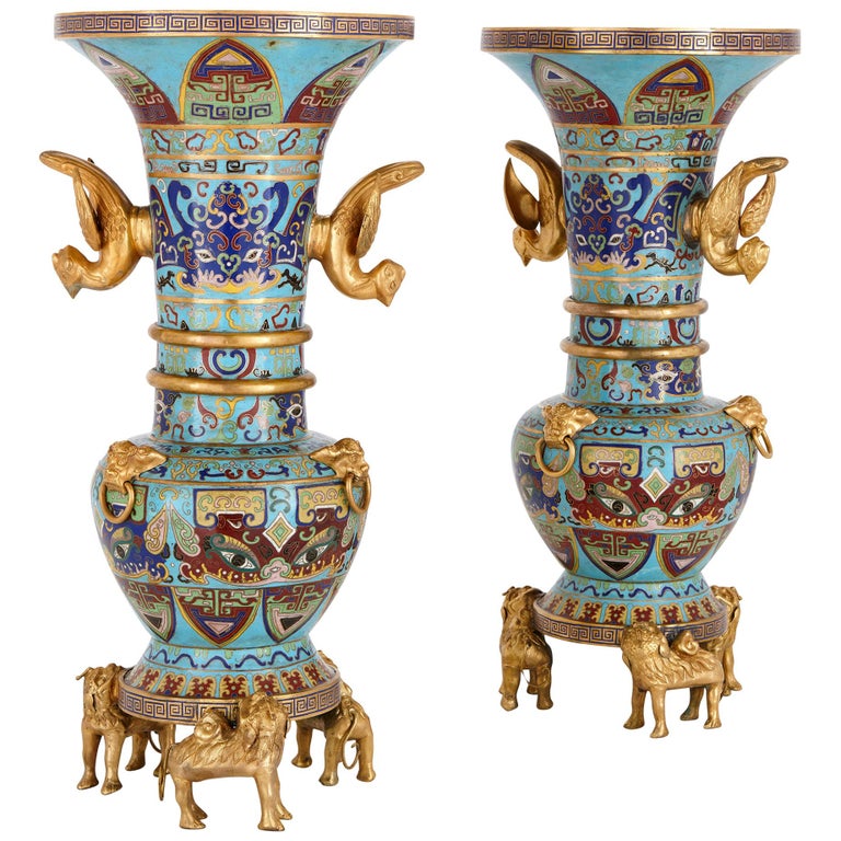 Two Chinese Gilt Bronze Mounted Cloisonné Enamel Vases For Sale