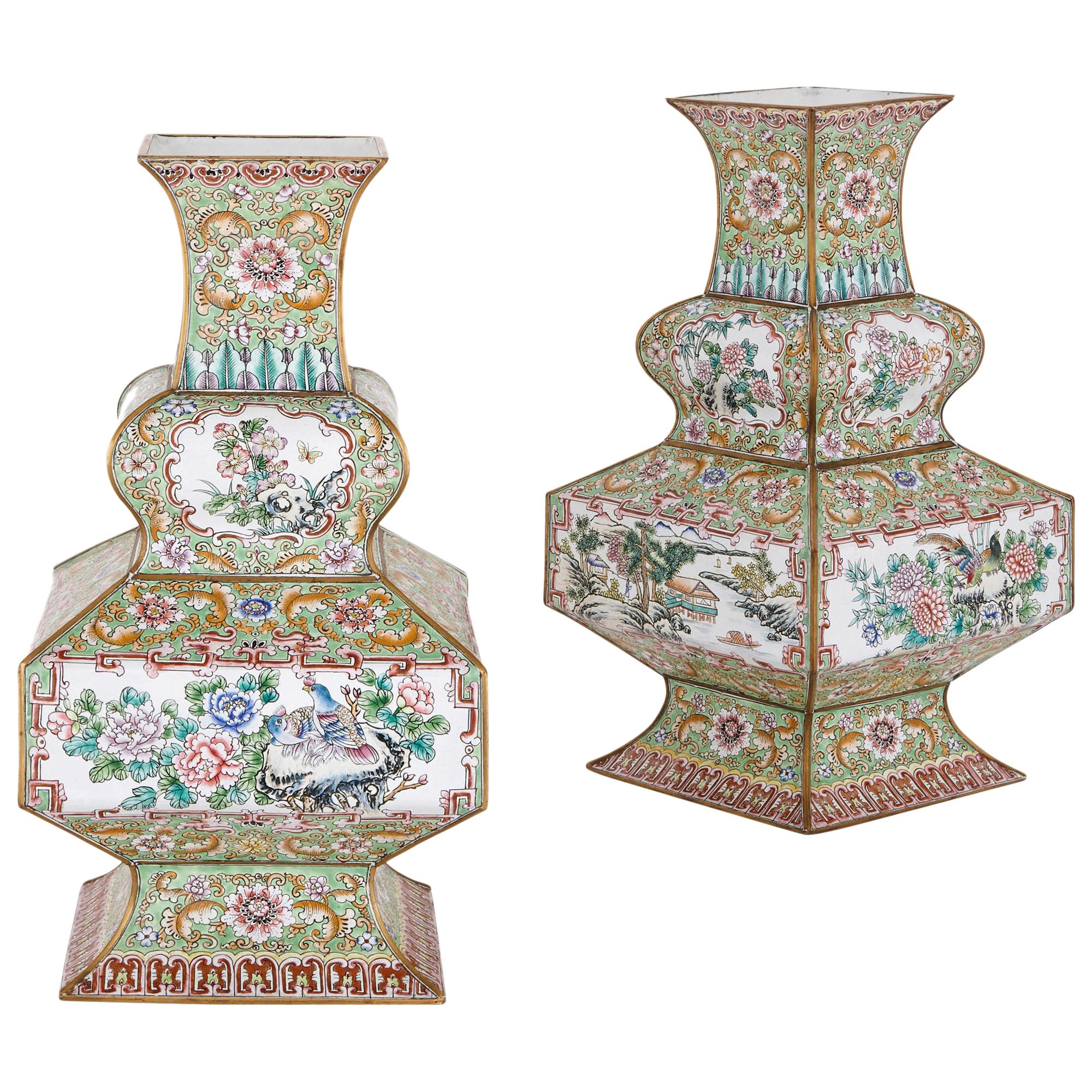 Two Chinese Green Cloisonné Enamel Vases