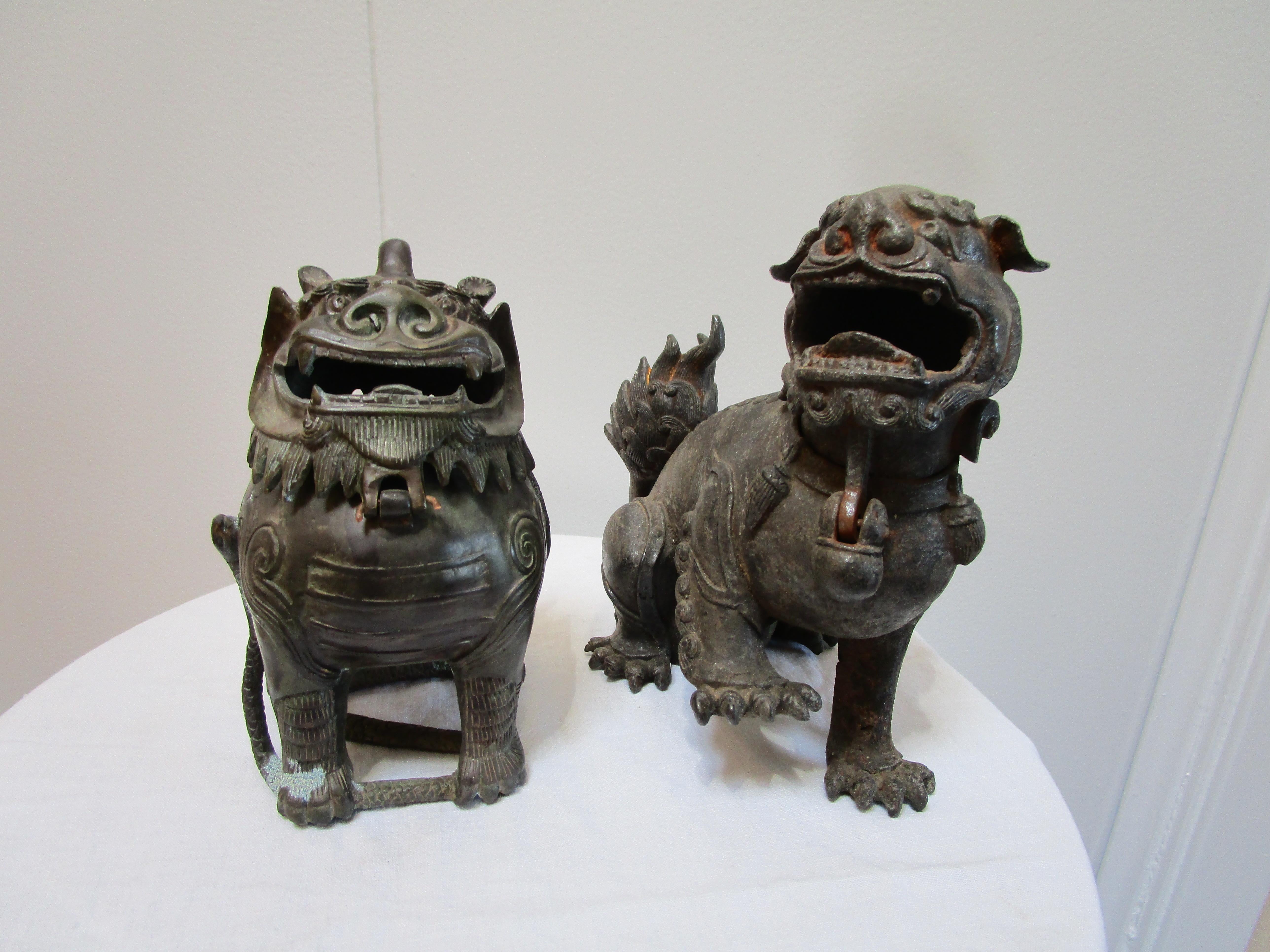 Two Chinese Guardian Lions in Bronze, Iron, Early 20th Century 5