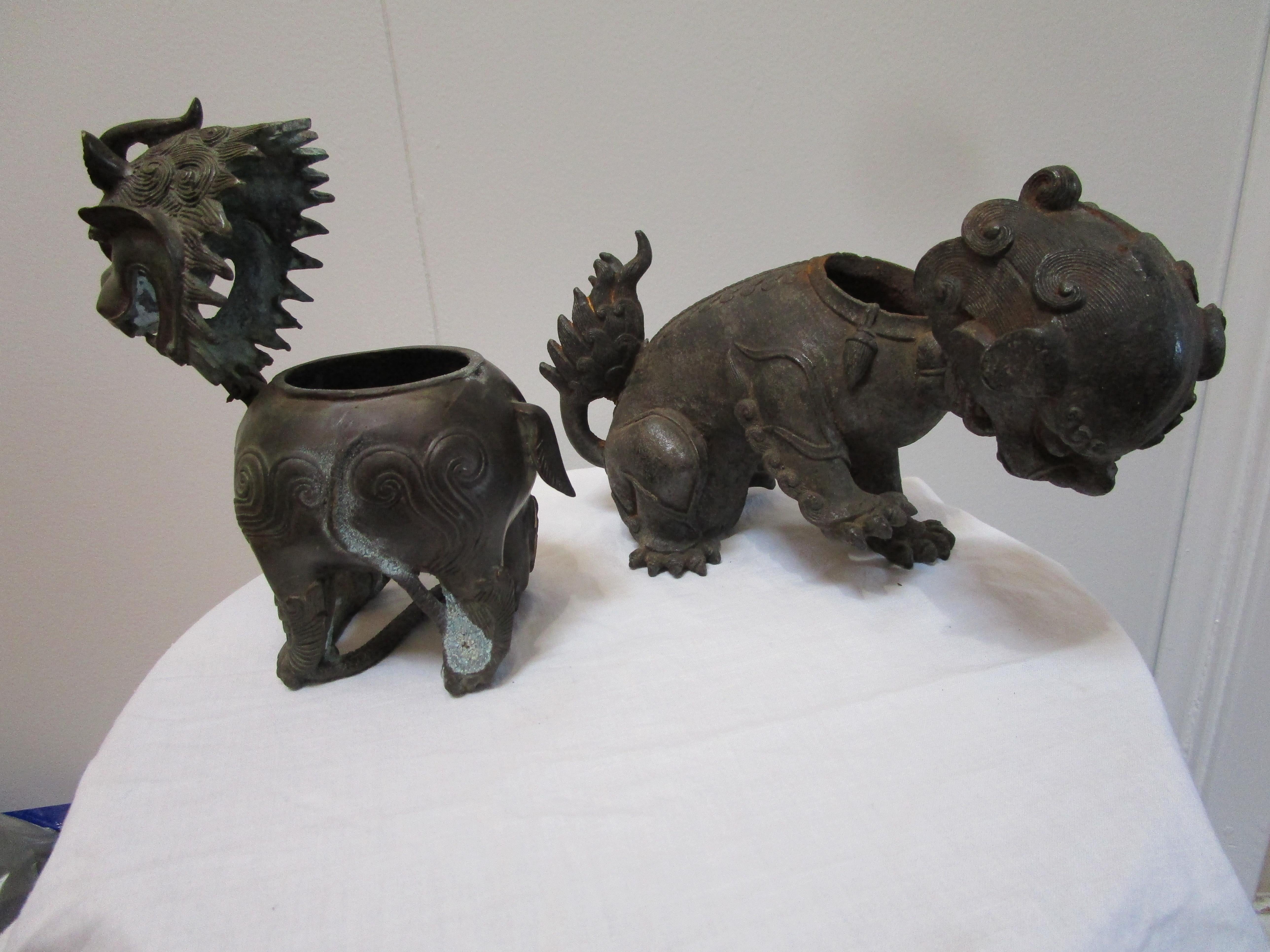 Chinese Export Two Chinese Guardian Lions in Bronze, Iron, Early 20th Century