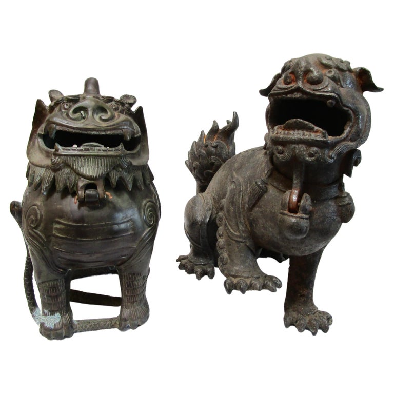 Two Chinese Guardian Lions in Bronze, Iron Early 20th Century For Sale at 1stDibs