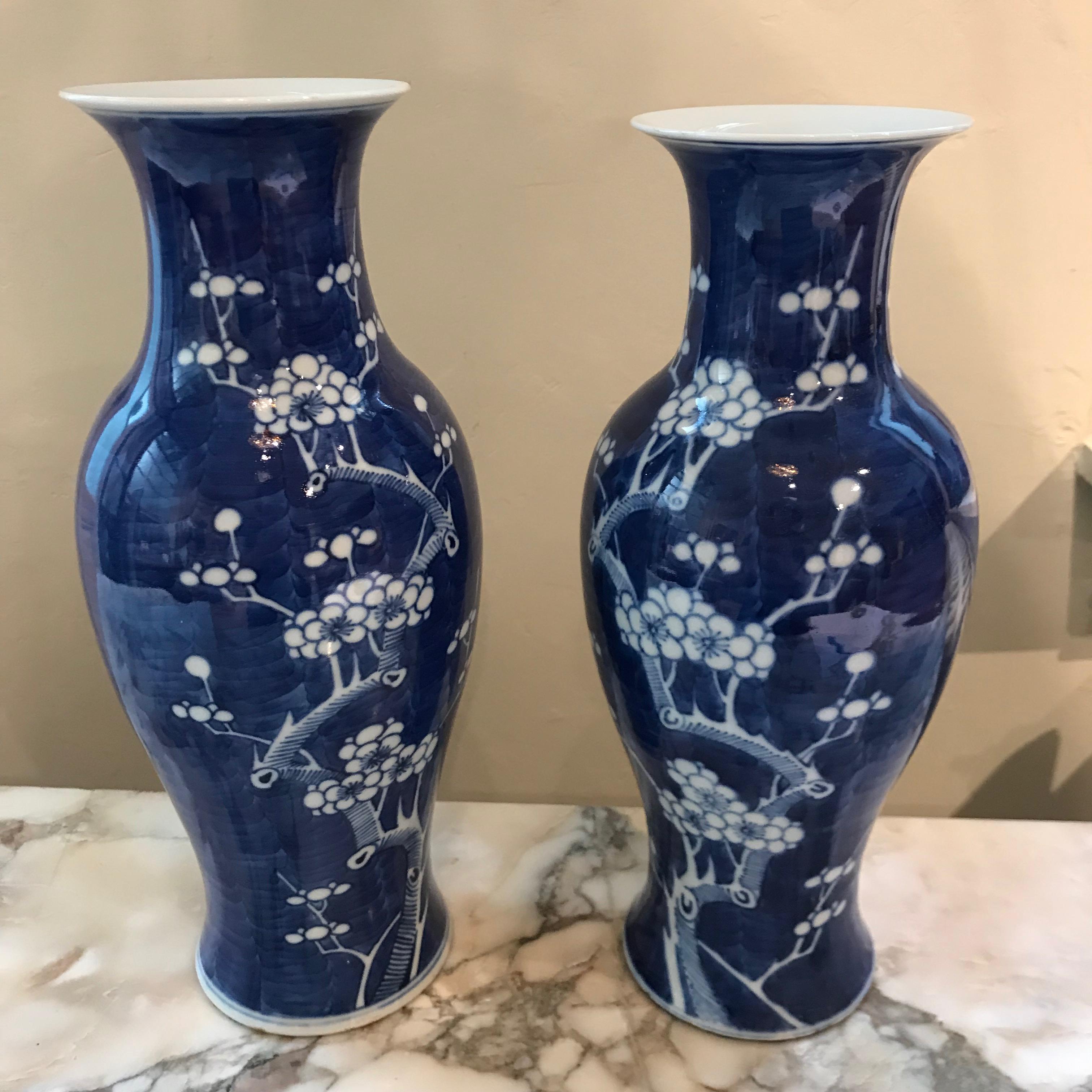 Cobalt blue Chinese Prunus Hawthorn pattern vases, circa 1910-1920. Both in very good condition. One vase is slightly taller and wider than the other making them not quite a pair, but not noticable when placed apart on a mantle etc.
one=30.50