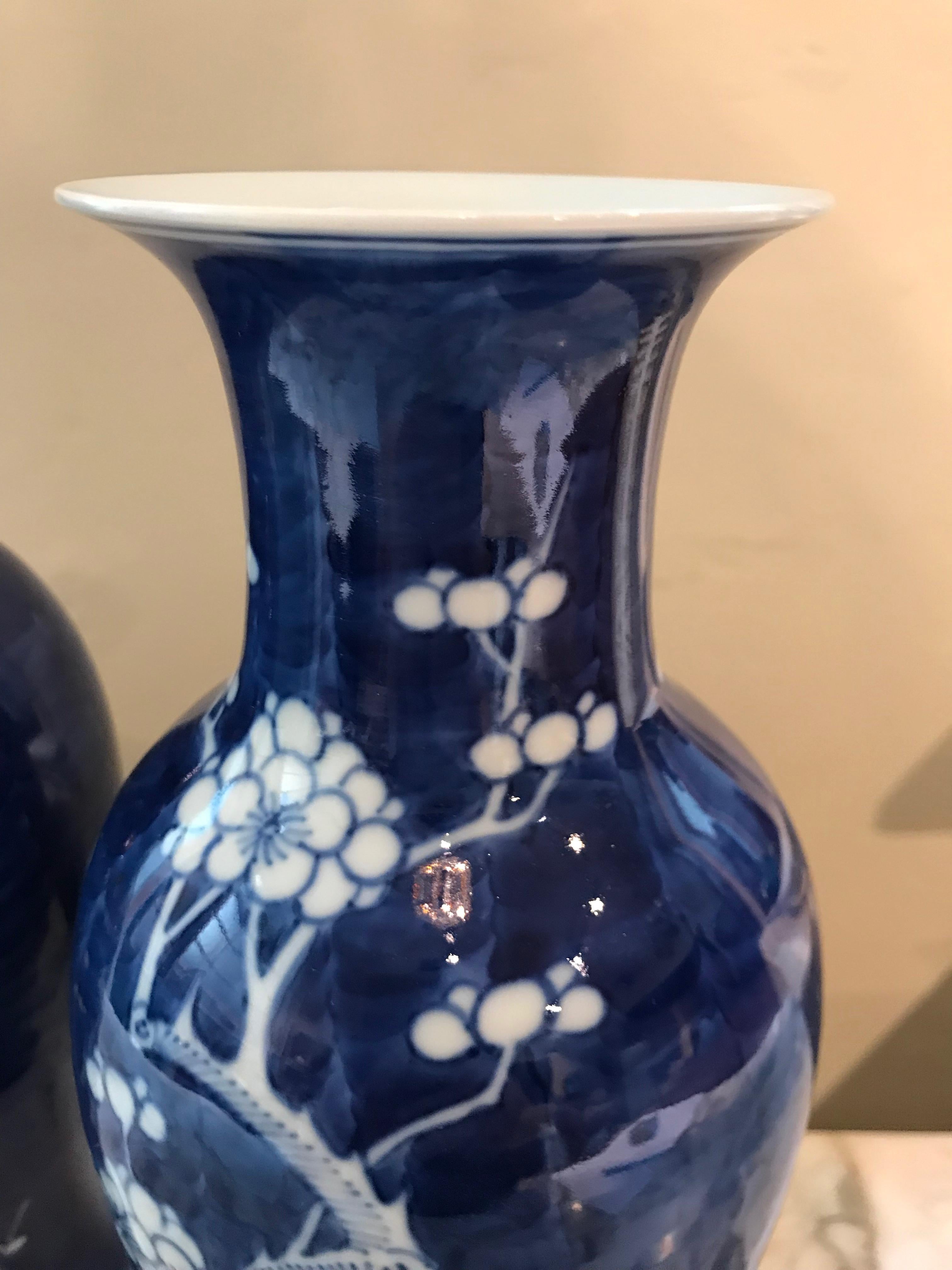 Ceramic Two Chinese Hawthorn Pattern Blue and White Vases For Sale