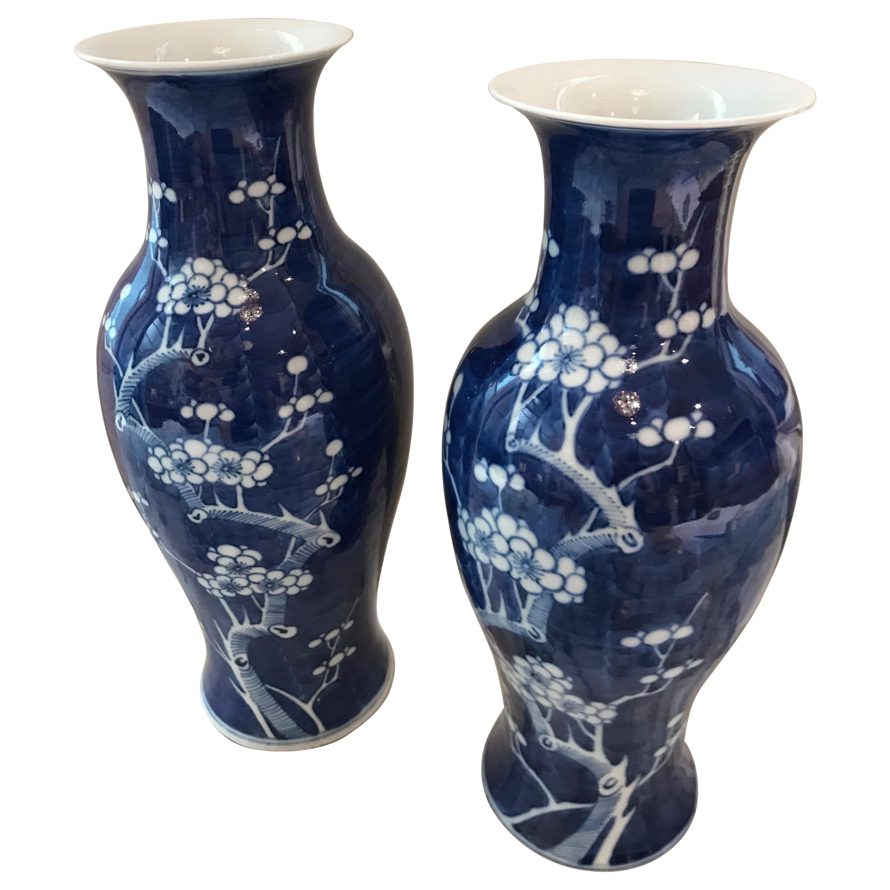 Two Chinese Hawthorn Pattern Blue and White Vases For Sale