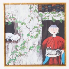 Two Chinese Paintings of Woman with Cats in a Common Frame