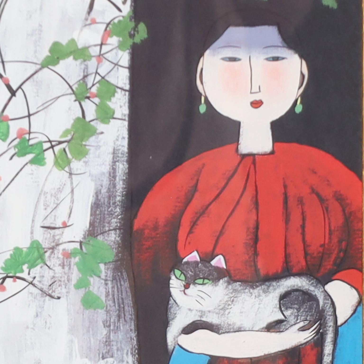 Hand-Painted Two Chinese Paintings of Woman with Cats in a Common Frame For Sale