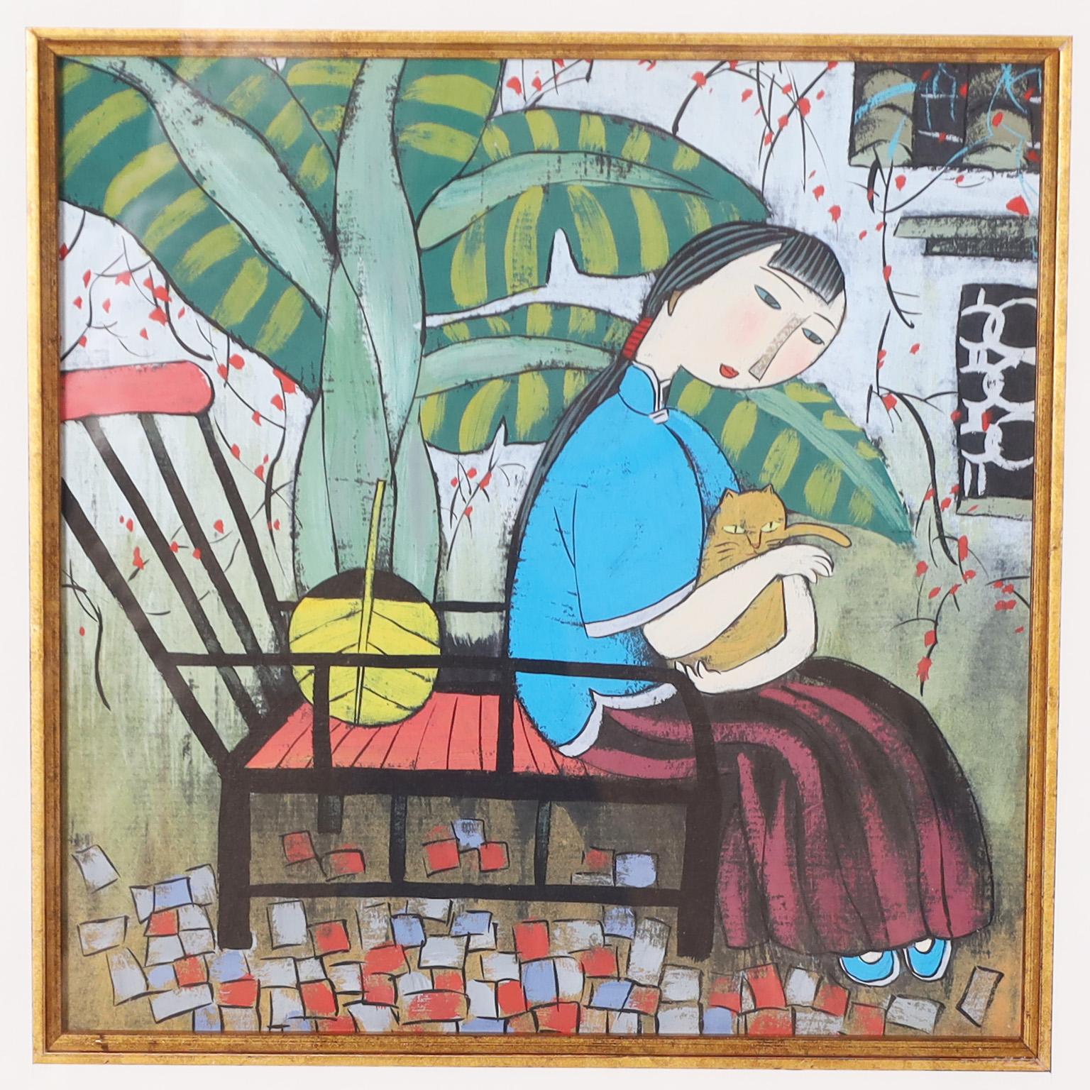 Peint à la main Deux peintures chinoises représentant une femme et des chats dans un cadre commun en vente