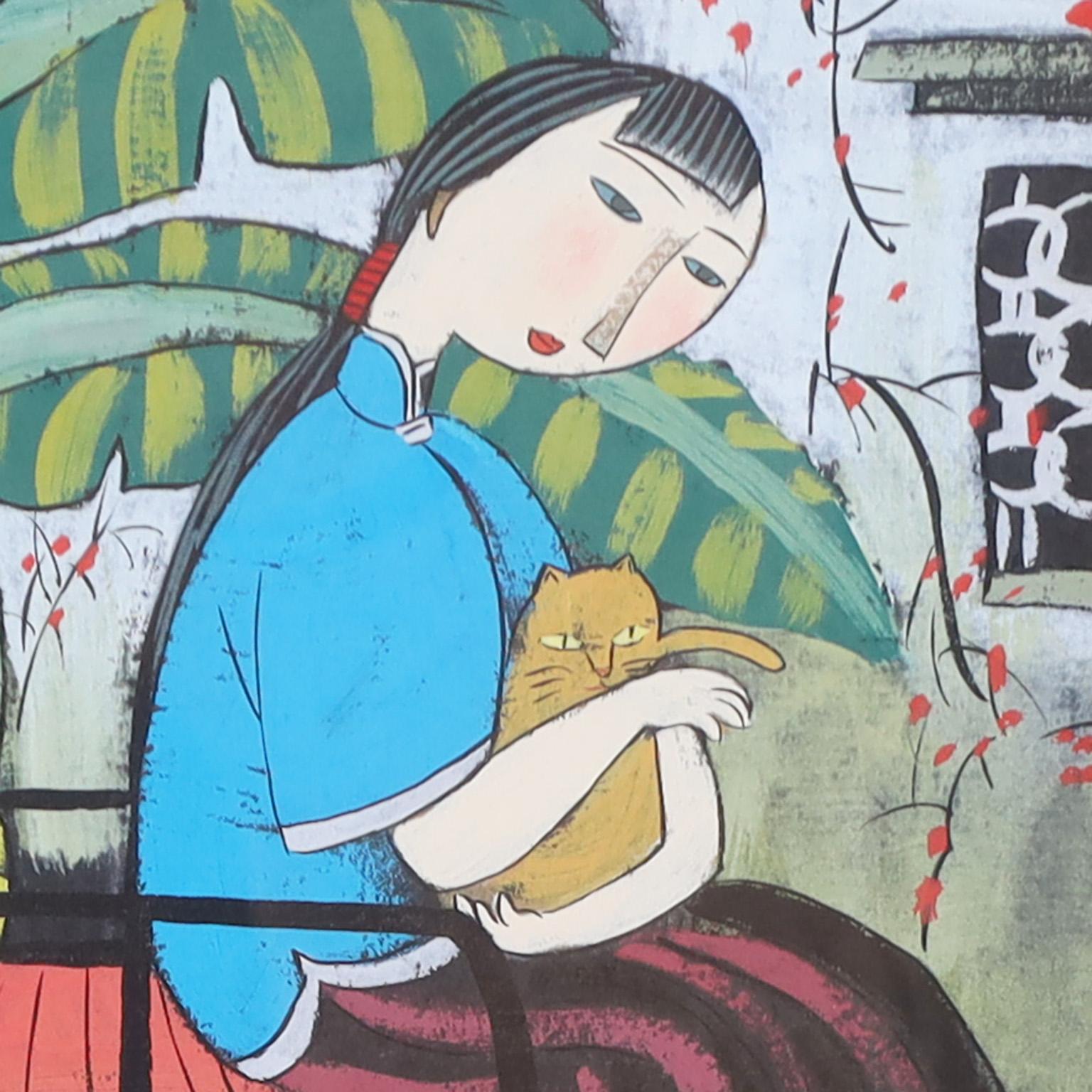 20ième siècle Deux peintures chinoises représentant une femme et des chats dans un cadre commun en vente