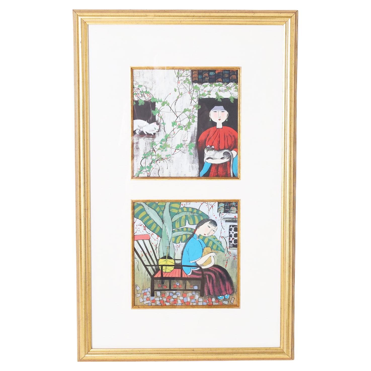 Deux peintures chinoises représentant une femme et des chats dans un cadre commun en vente