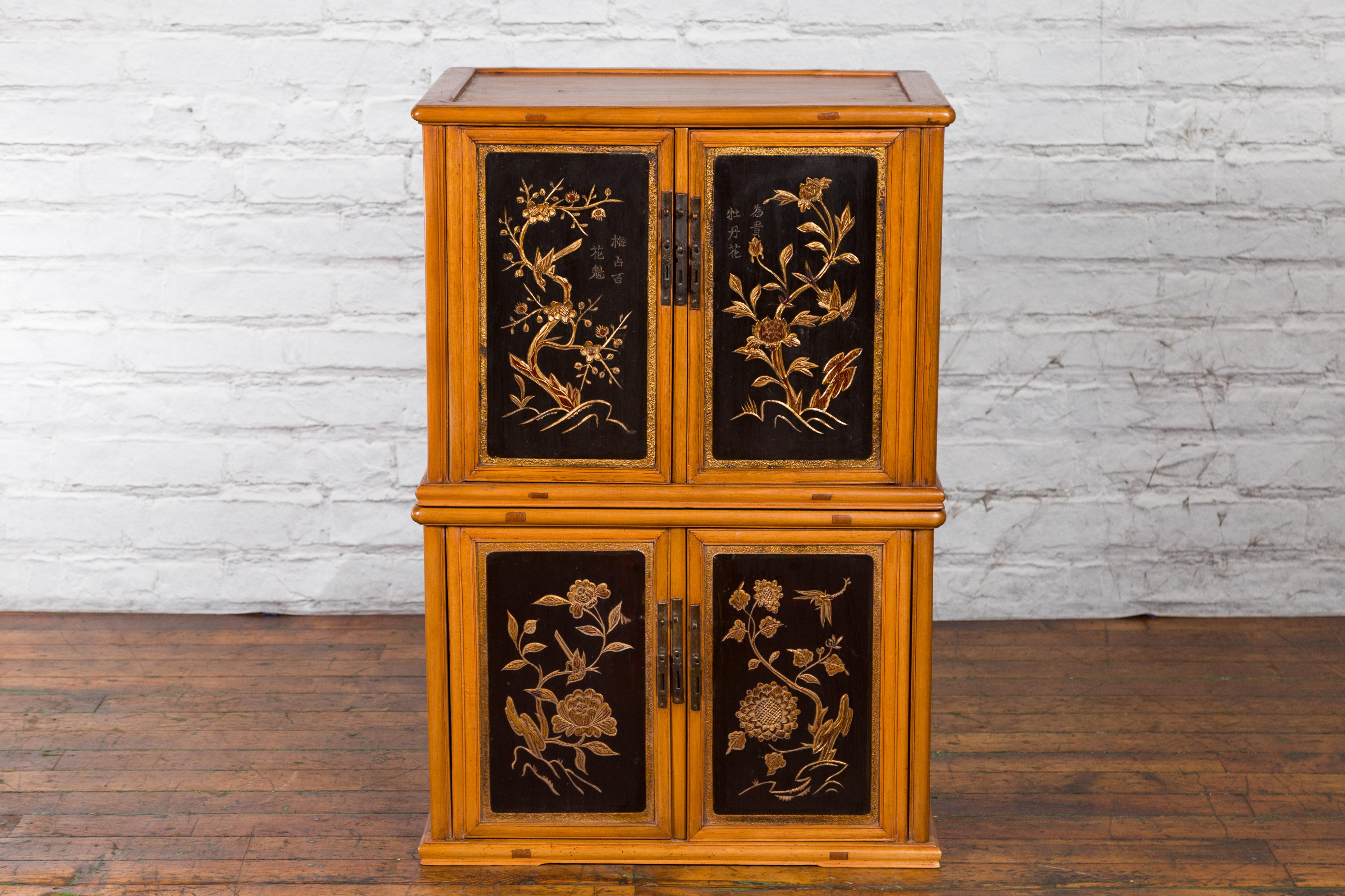 Two Chinese Qing Dynasty Fruitwood Side Cabinets with Carved Décor, Sold Each In Good Condition For Sale In Yonkers, NY
