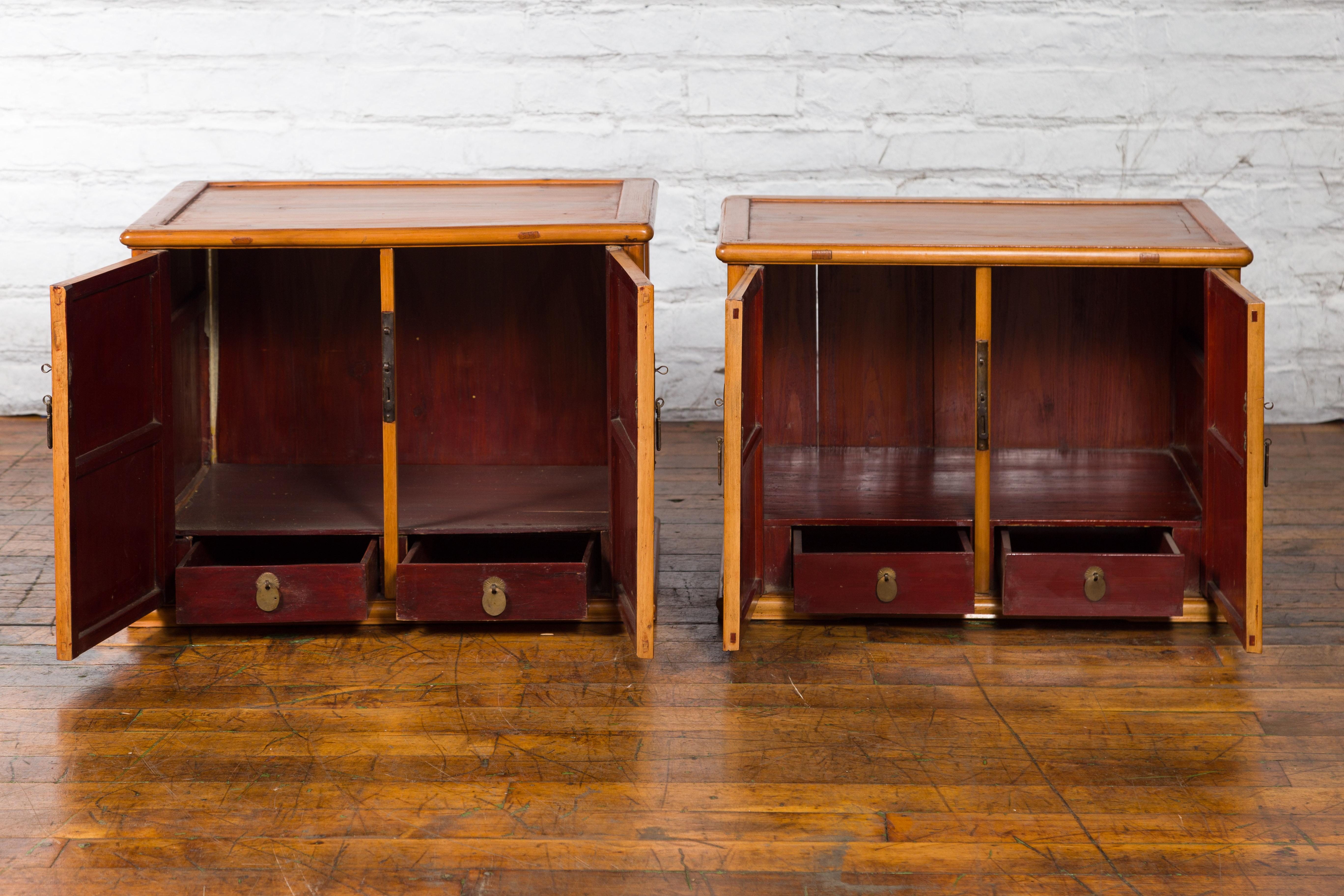 19th Century Two Chinese Qing Dynasty Fruitwood Side Cabinets with Carved Décor, Sold Each For Sale