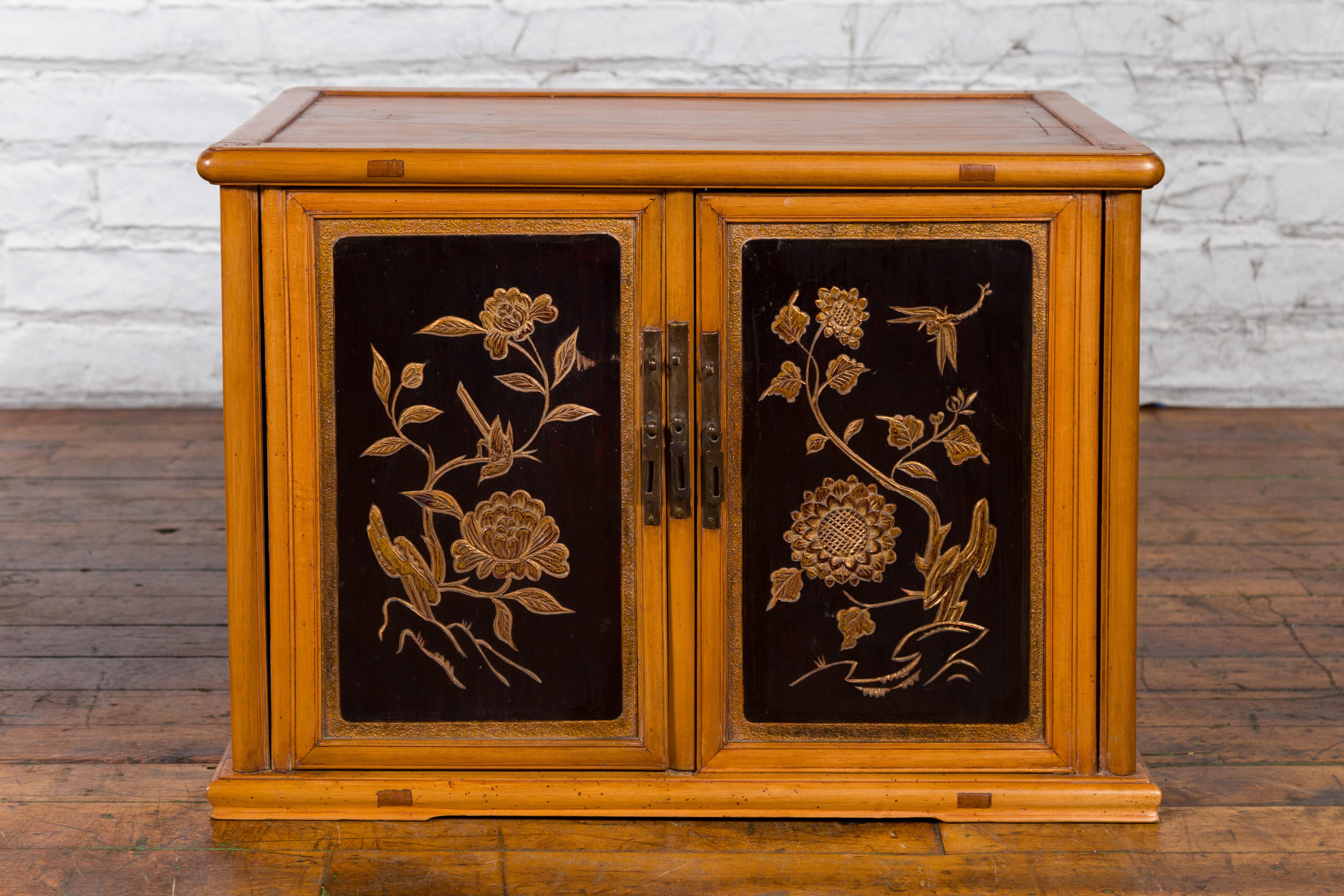 Two Chinese Qing Dynasty Fruitwood Side Cabinets with Carved Décor, Sold Each For Sale 1