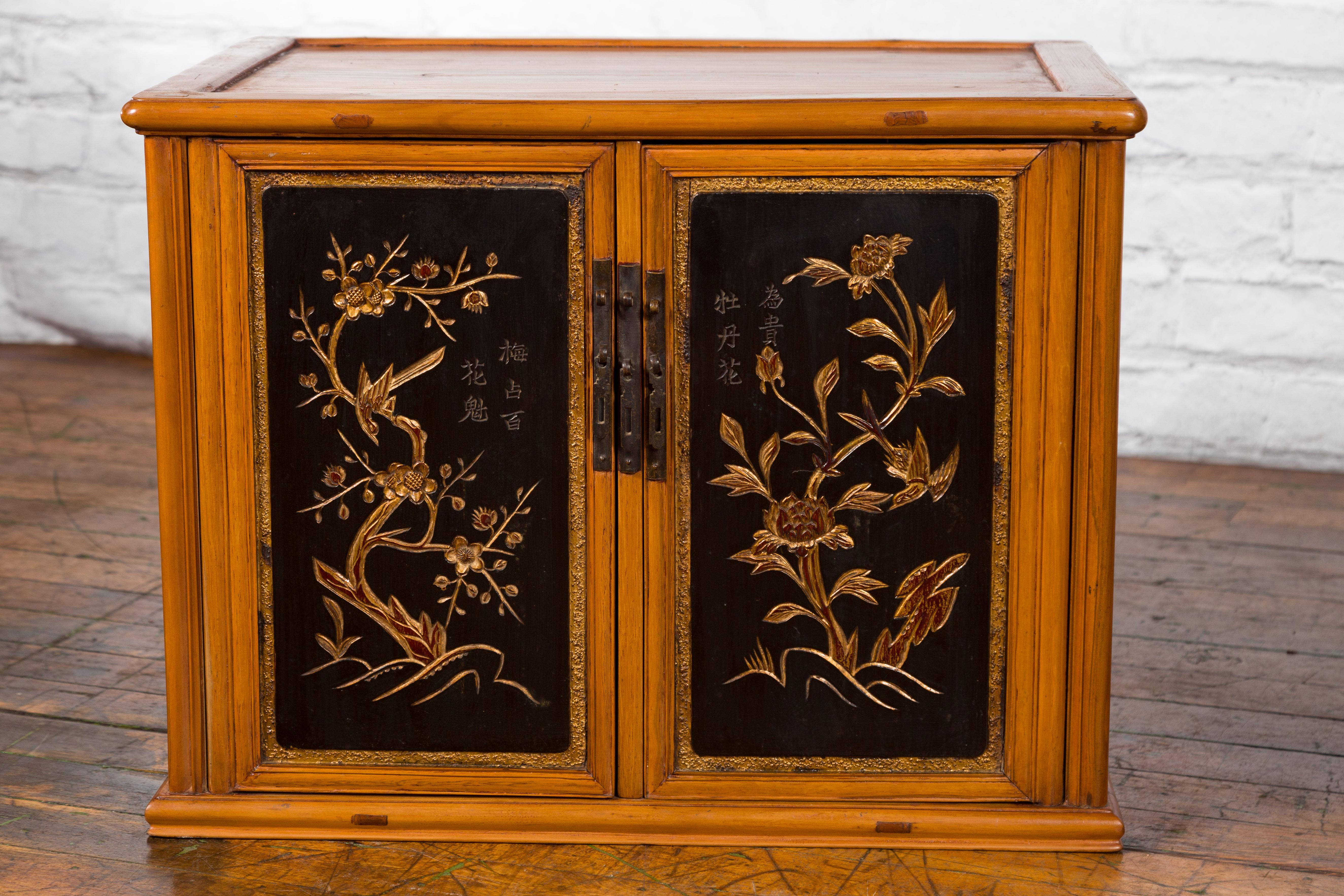 Two Chinese Qing Dynasty Fruitwood Side Cabinets with Carved Décor, Sold Each For Sale 2