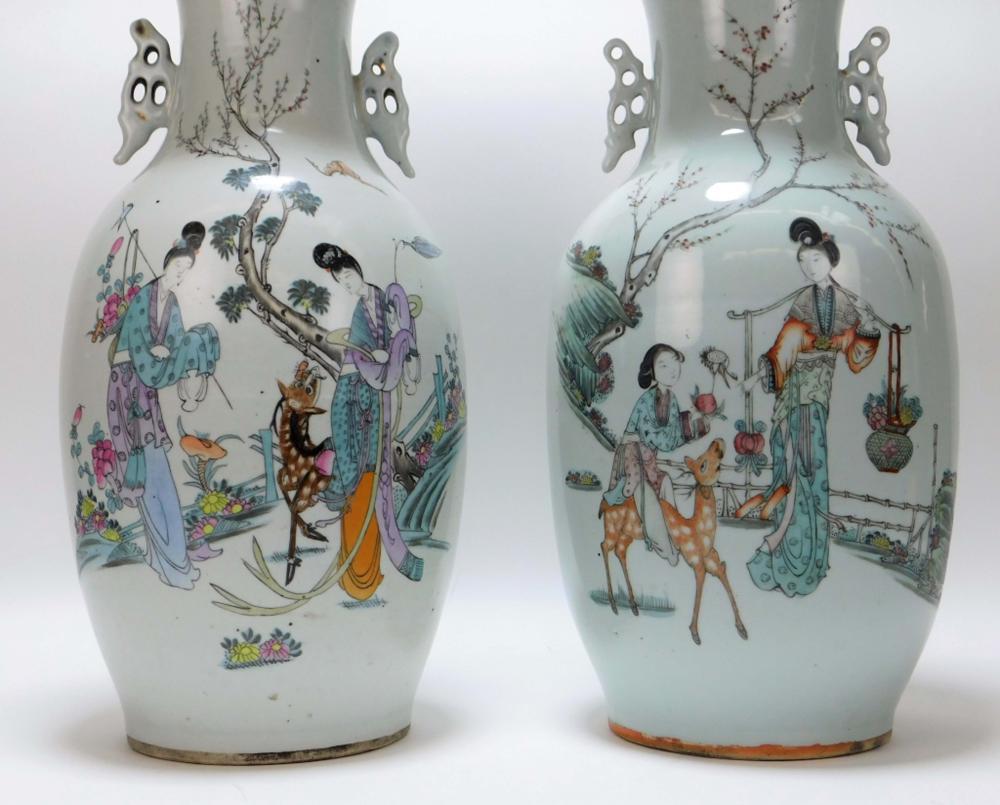 Two Chinese Republic period handled vases, includes a vase decorated with a girl riding a deer offering a peach to a woman and a vase decorated with a deer between two women offering a flower to one of them, each with calligraphy on the reverse