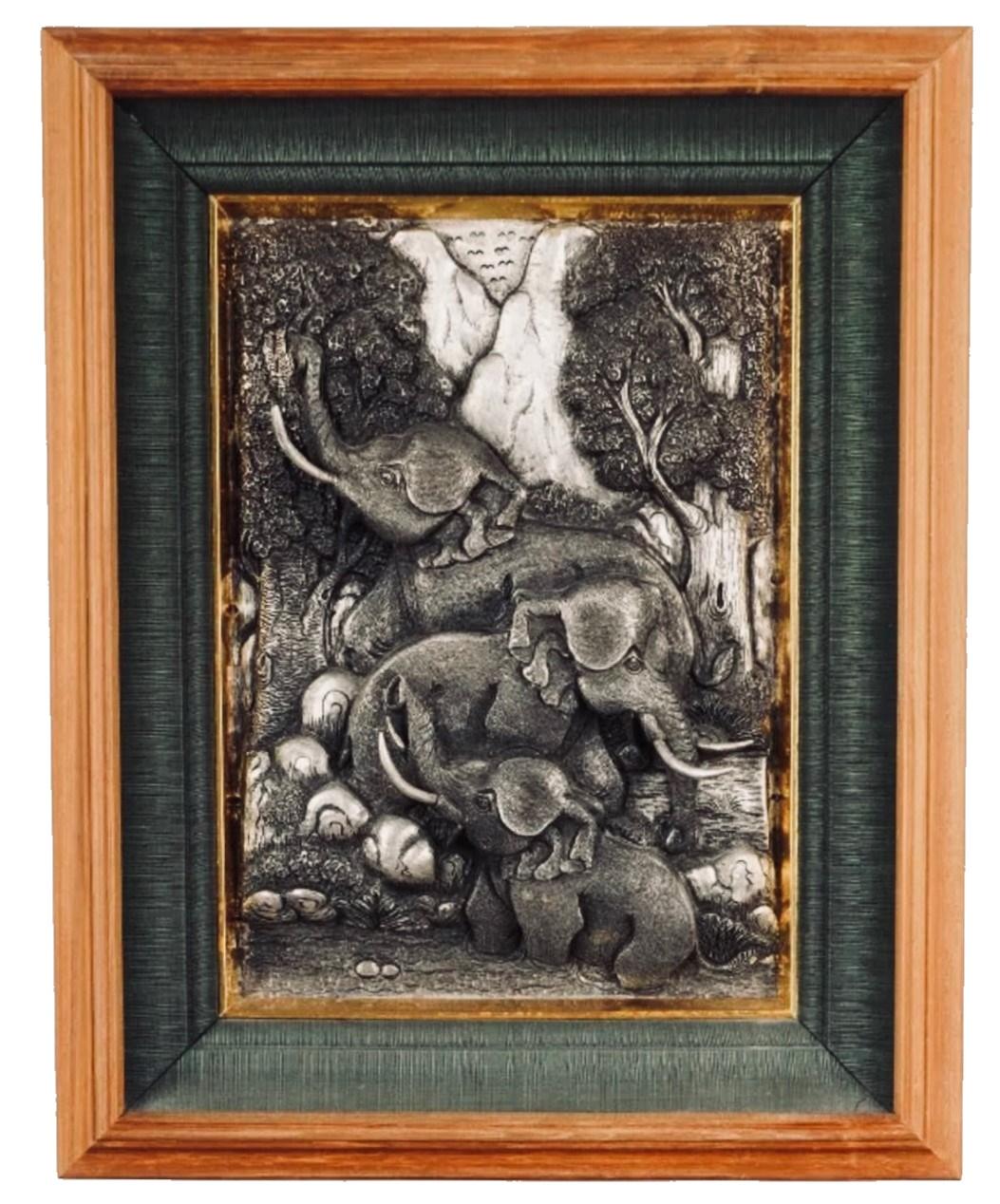 Two Chinese Framed Wall Silvered Pewter Sculptures with Elephants and Fruits, Early 20th C.
                    
SOLD AS A SET 0F 2 BUT CAN BE PURCHASED SEPARATELY
Price: $4,500 each

DIMENSIONS
1.13” wide x 16” high x 2” deep
2.16” wide x 13” high
