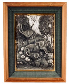 Two Chinese Silvered Pewter Wall Sculptures w/ Elephants and Fruits, Early XX C.