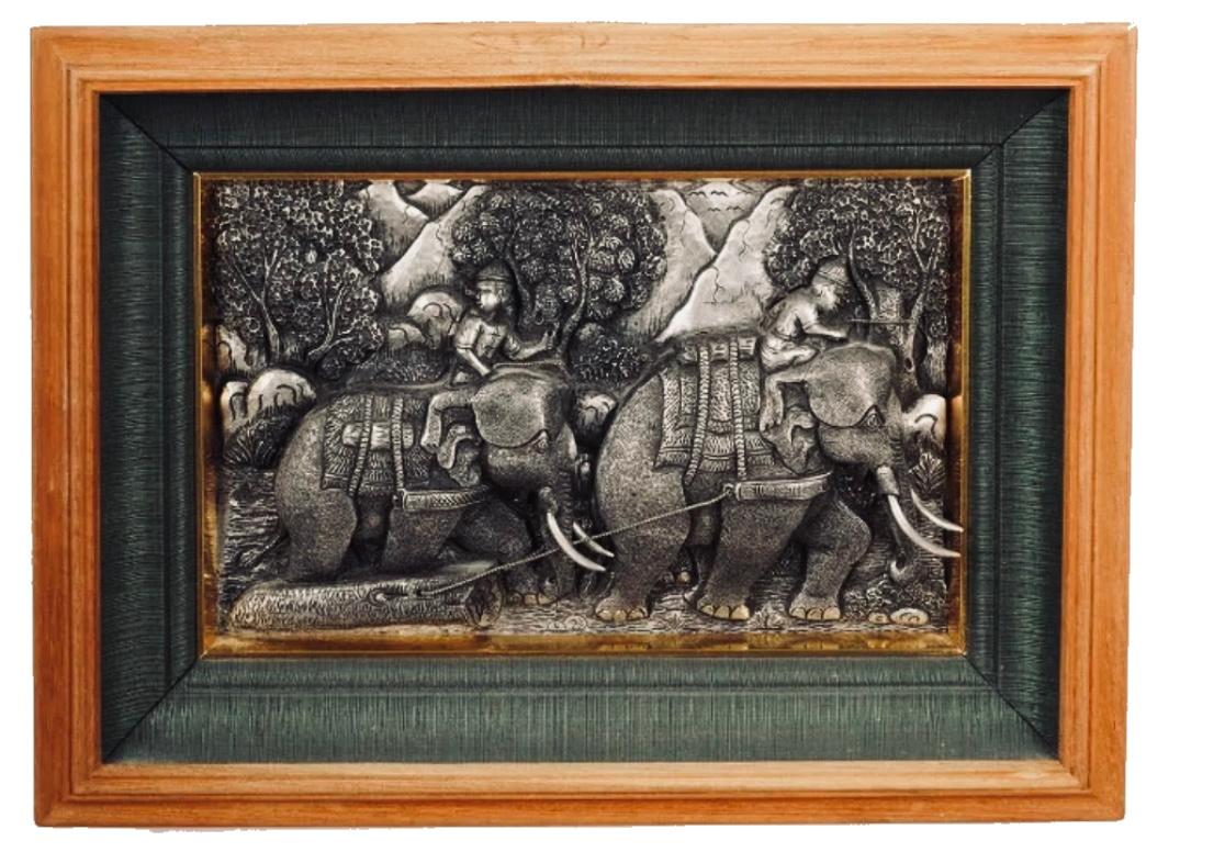 Chinoiserie Two Chinese Silvered Pewter Wall Sculptures w/ Elephants and Fruits, Early XX C. For Sale