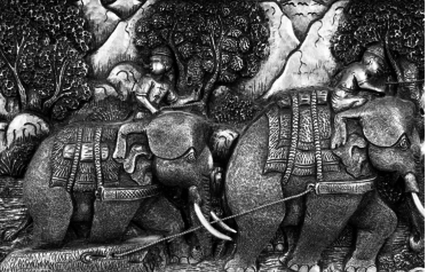 Two Chinese Silvered Pewter Wall Sculptures w/ Elephants and Fruits, Early XX C. For Sale 1