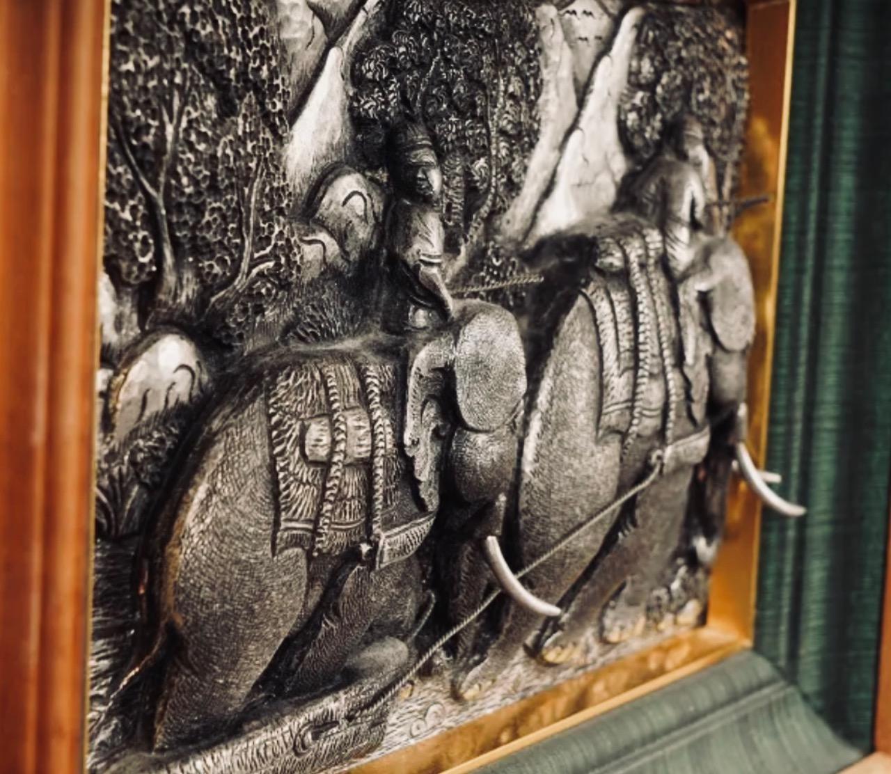 Two Chinese Silvered Pewter Wall Sculptures w/ Elephants and Fruits, Early XX C. For Sale 2