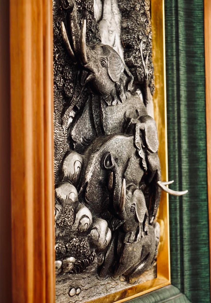 Two Chinese Silvered Pewter Wall Sculptures w/ Elephants and Fruits, Early XX C. For Sale 3