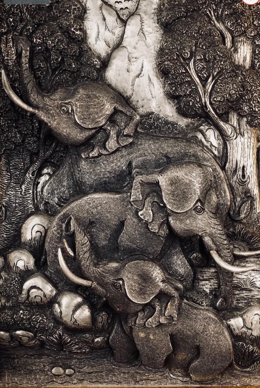Two Chinese Silvered Pewter Wall Sculptures w/ Elephants and Fruits, Early XX C. For Sale 4