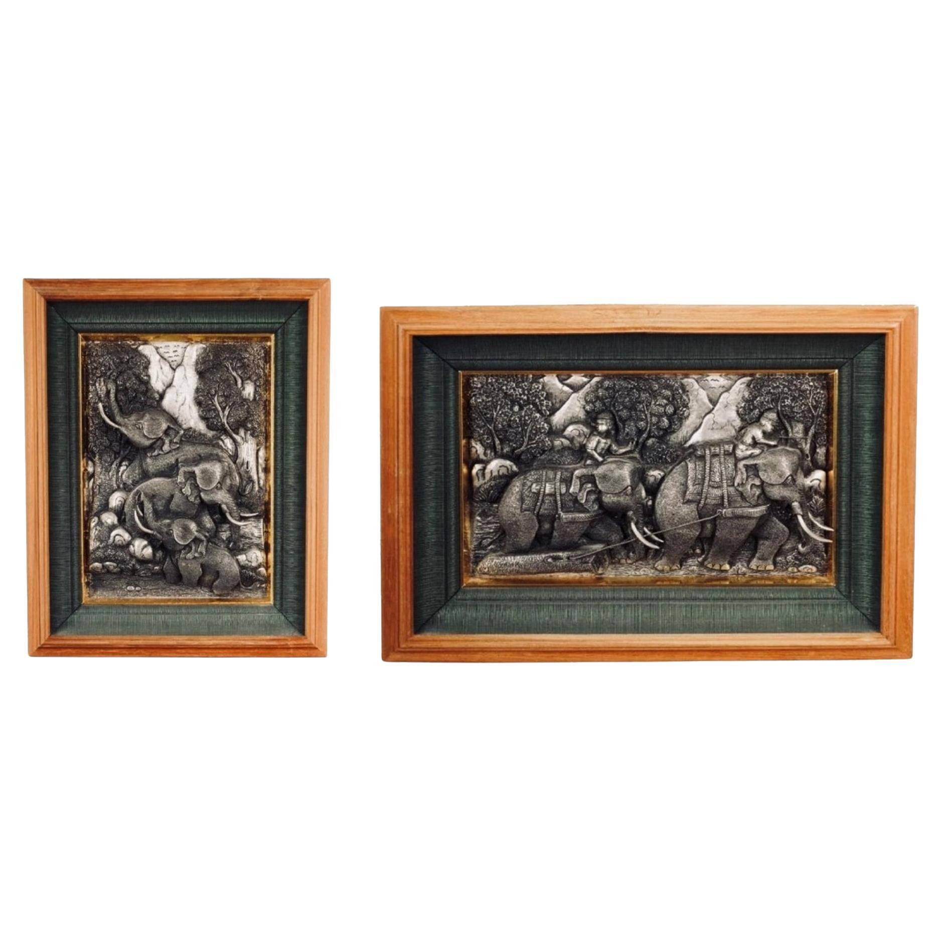 Two Chinese Silvered Pewter Wall Sculptures w/ Elephants and Fruits, Early XX C. For Sale