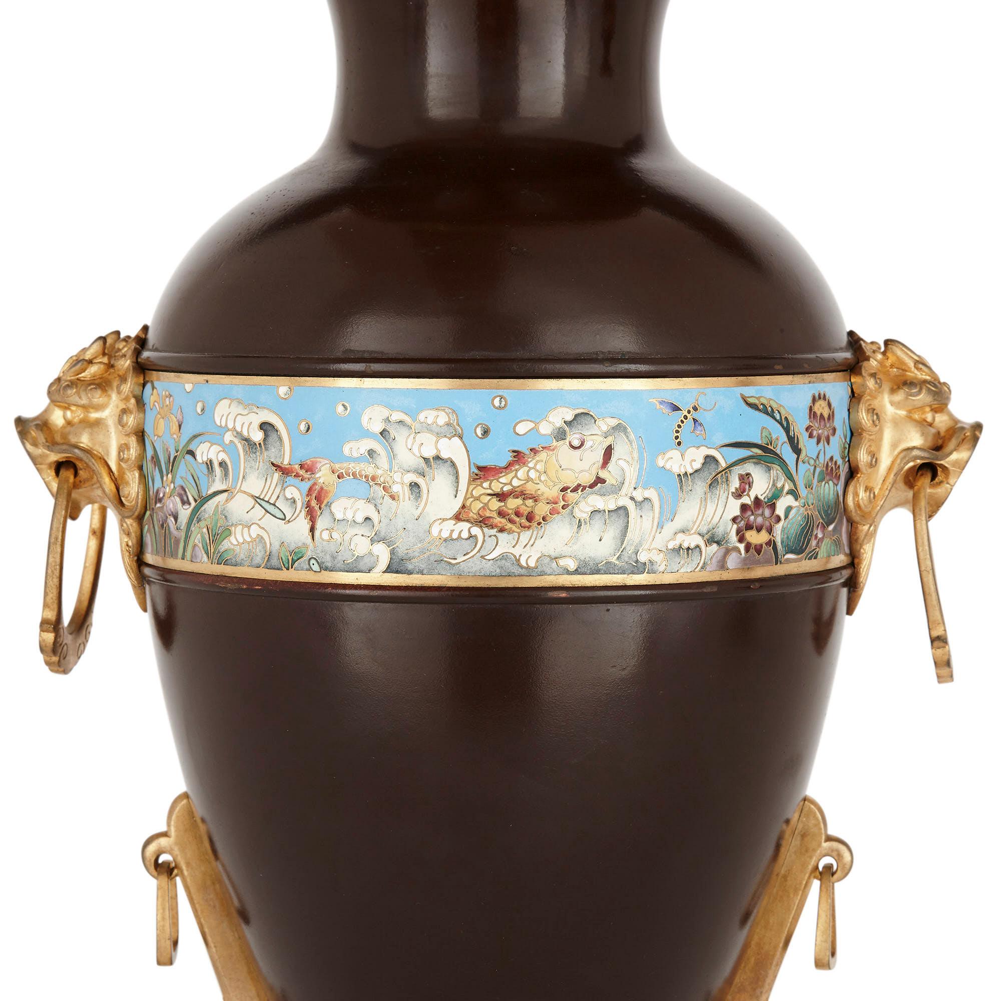 Chinoiserie Two Chinese Style Enamelled Gilt and Patinated Bronze Urns For Sale