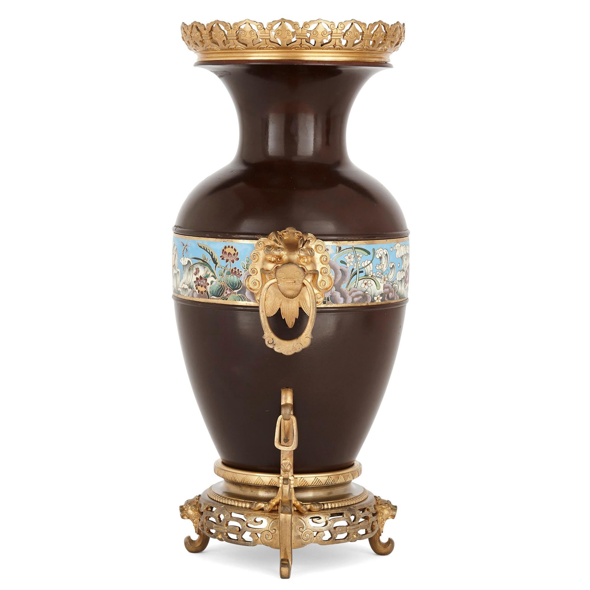 Champlevé Two Chinese Style Enamelled Gilt and Patinated Bronze Urns For Sale