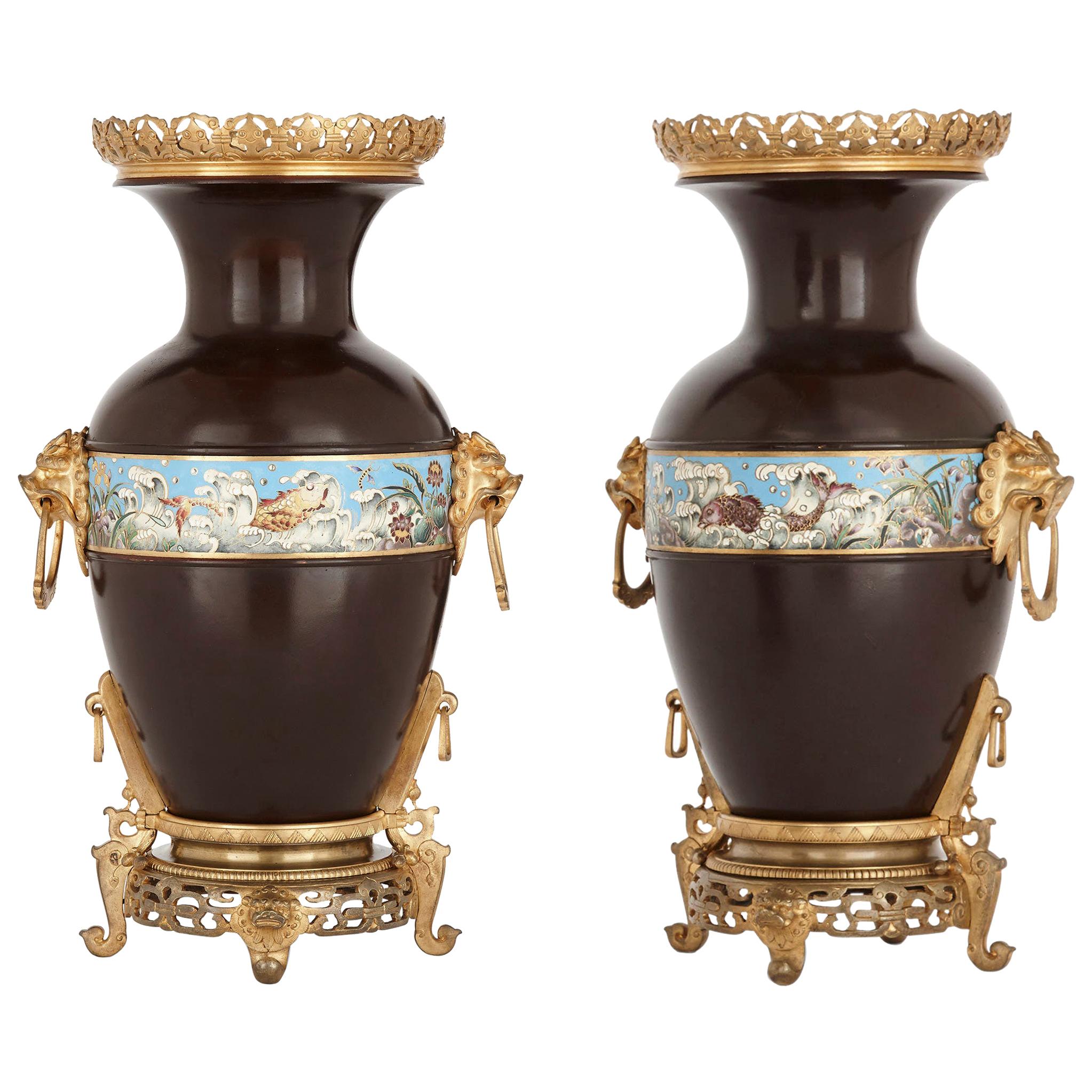 Two Chinese Style Enamelled Gilt and Patinated Bronze Urns For Sale