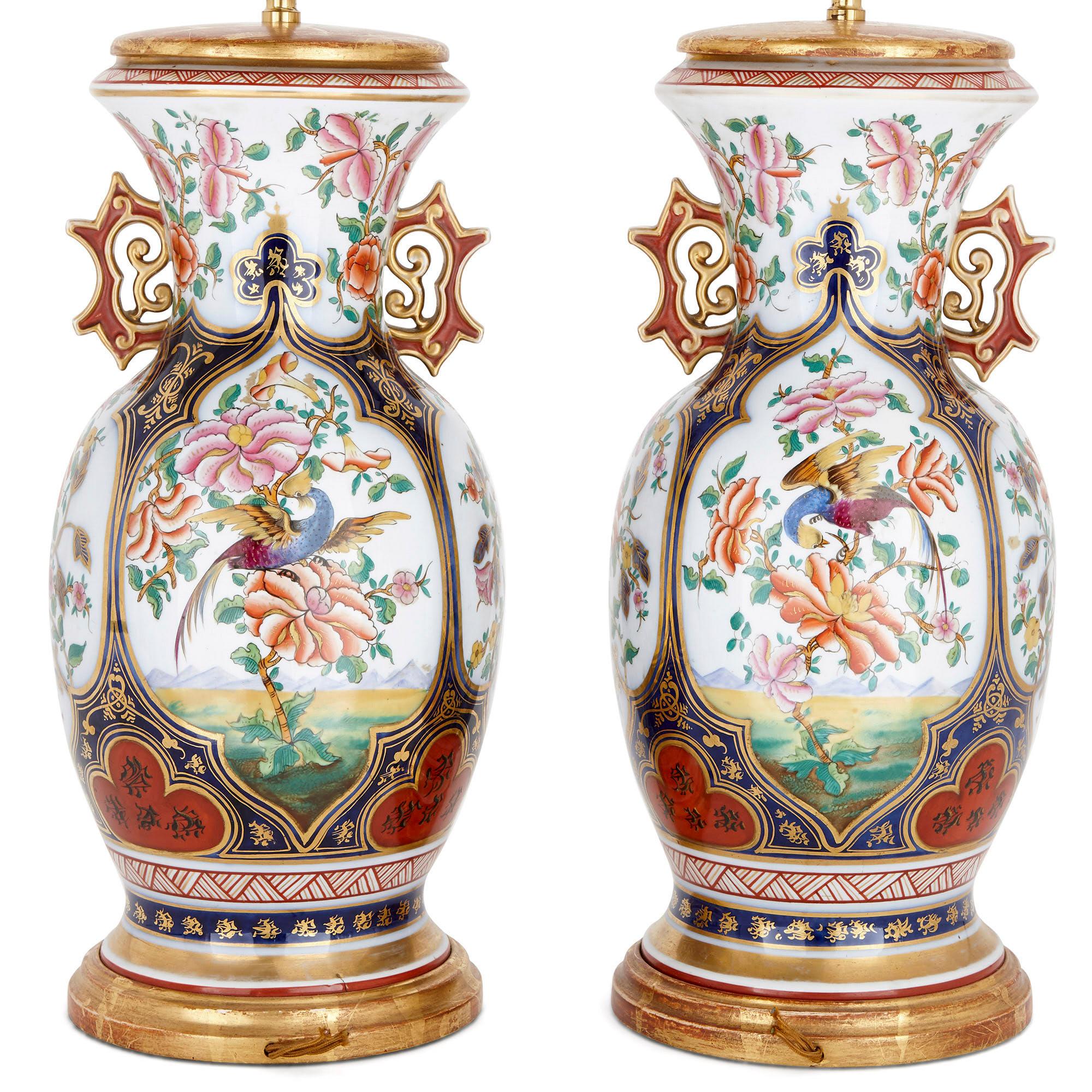 These beautiful porcelain lamps were crafted in France in the early 20th century. They are designed in the so-called ‘Chinoiserie’ style, a creative European imitation of Chinese decorative arts.

The porcelain lamps feature bodies which are