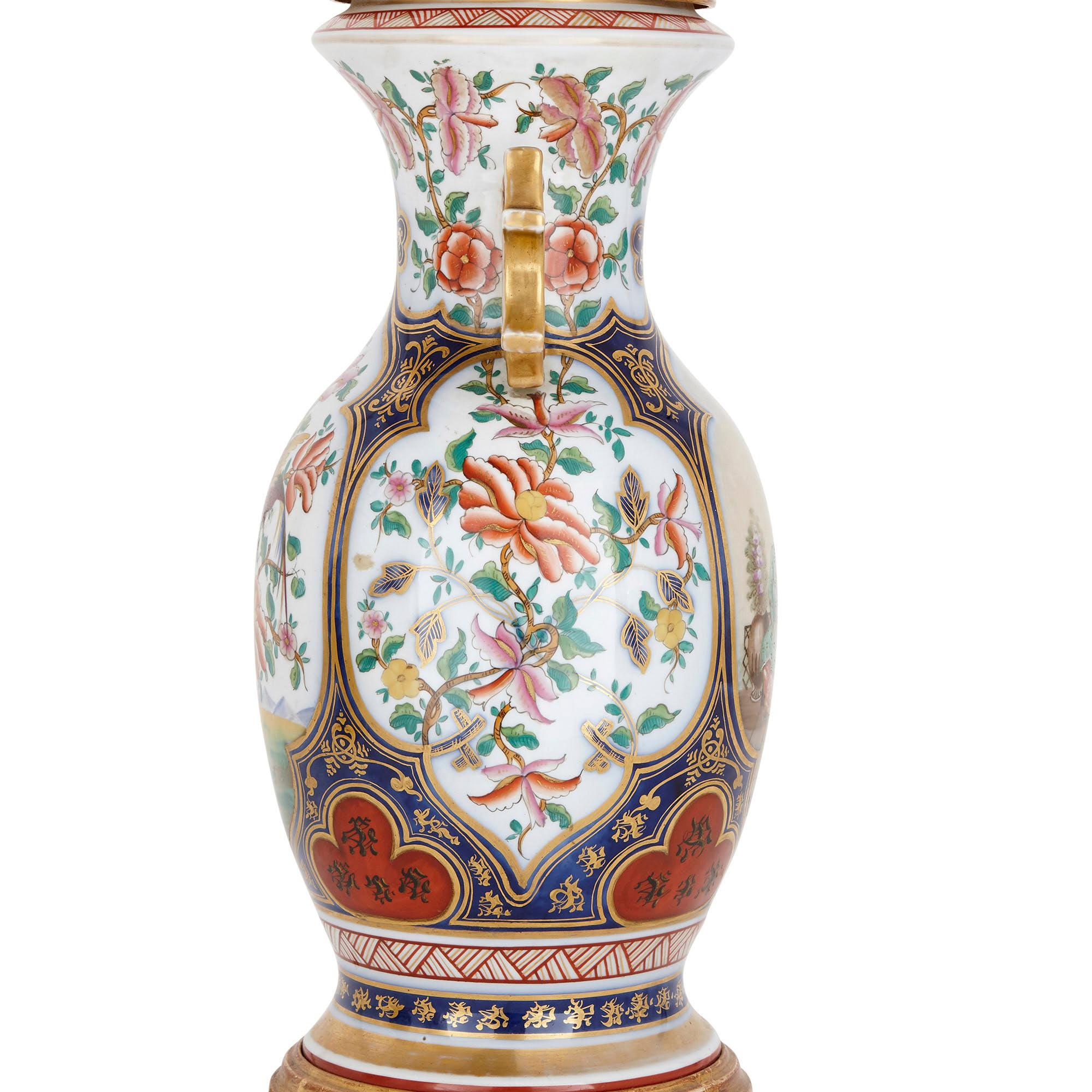 Chinoiserie Two Chinese Style Porcelain and Ormolu Table Lamps