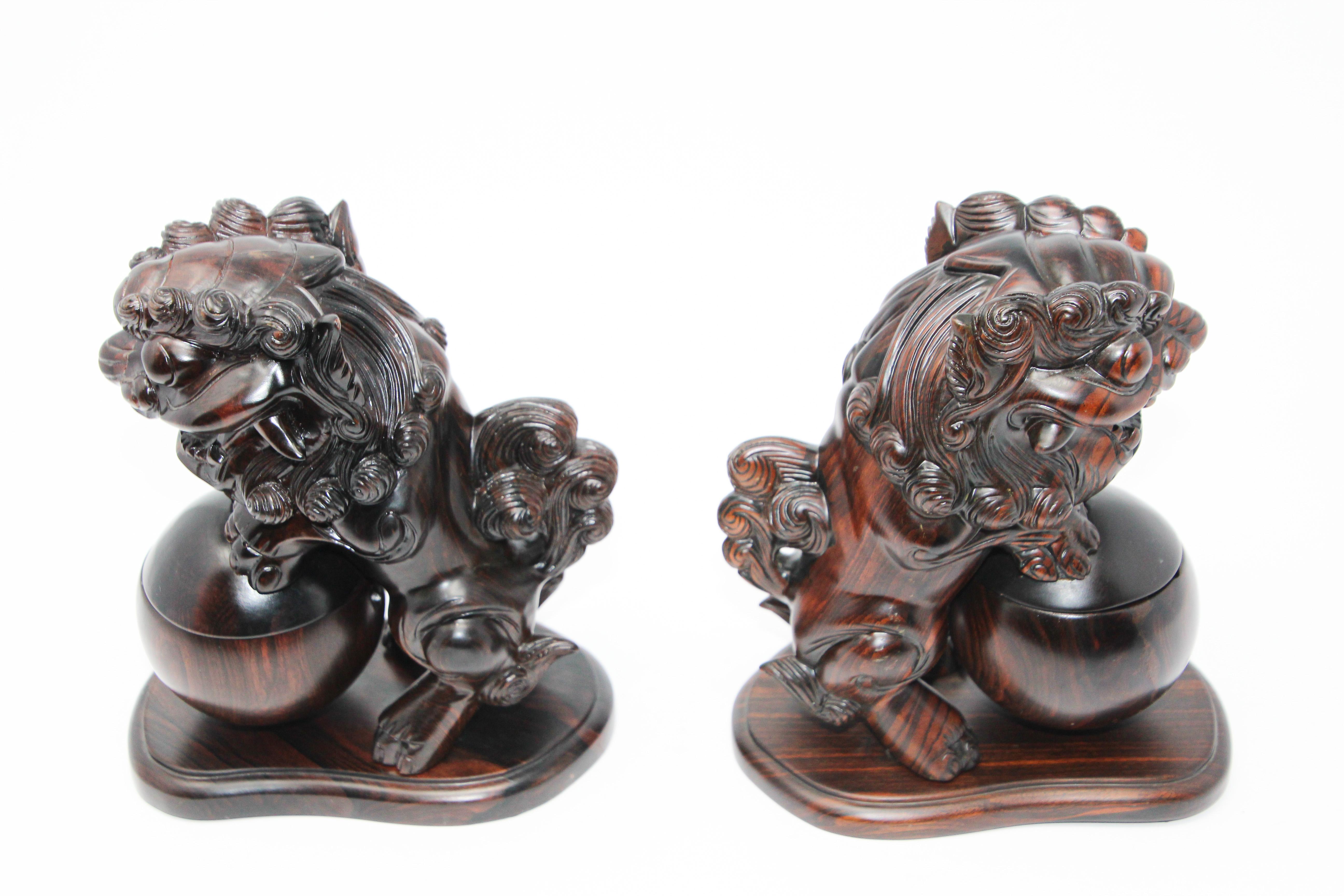 Two Chinese Wood Lion Foo Dogs Incense Holder For Sale 3