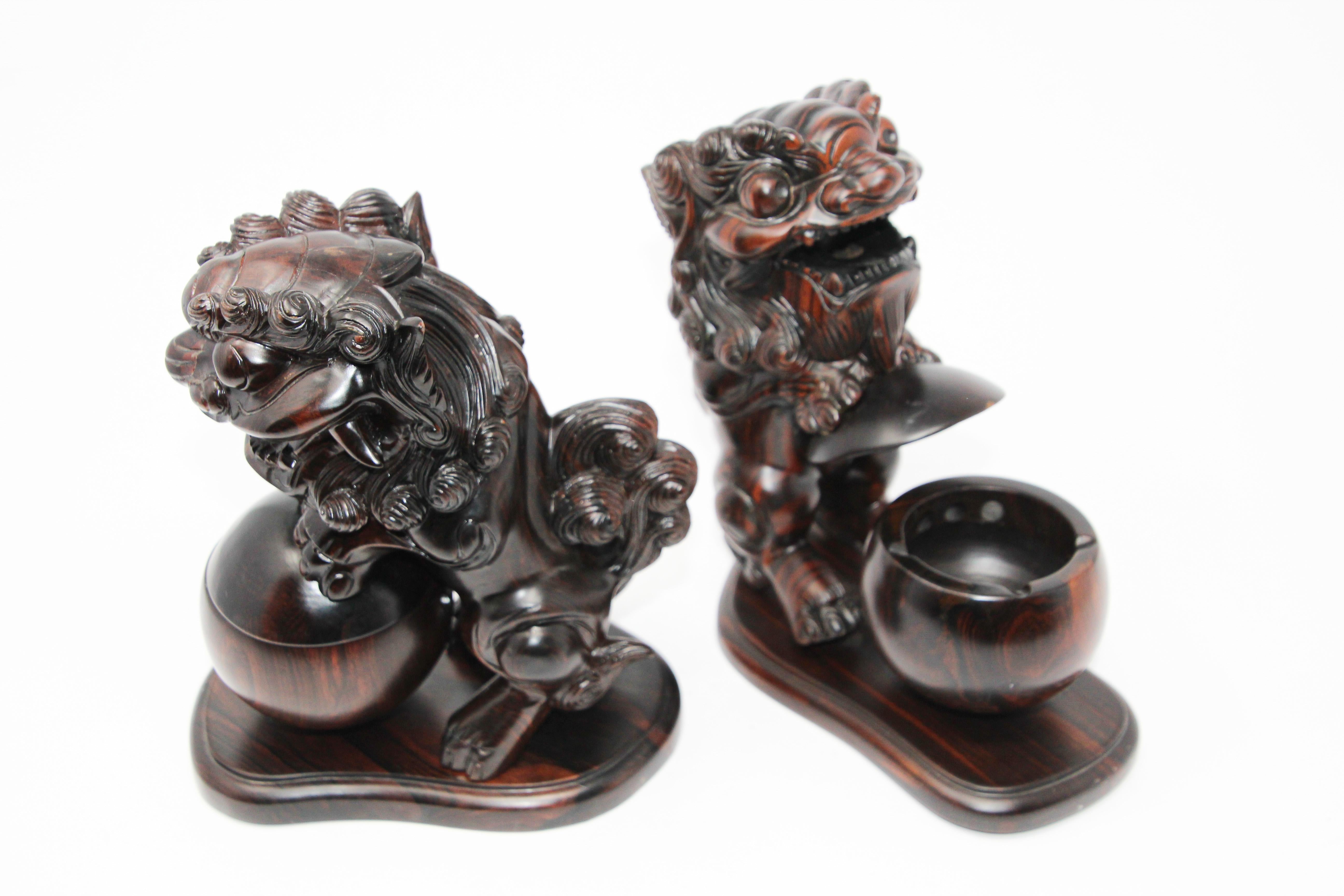 Two Chinese Wood Lion Foo Dogs Incense Holder For Sale 2