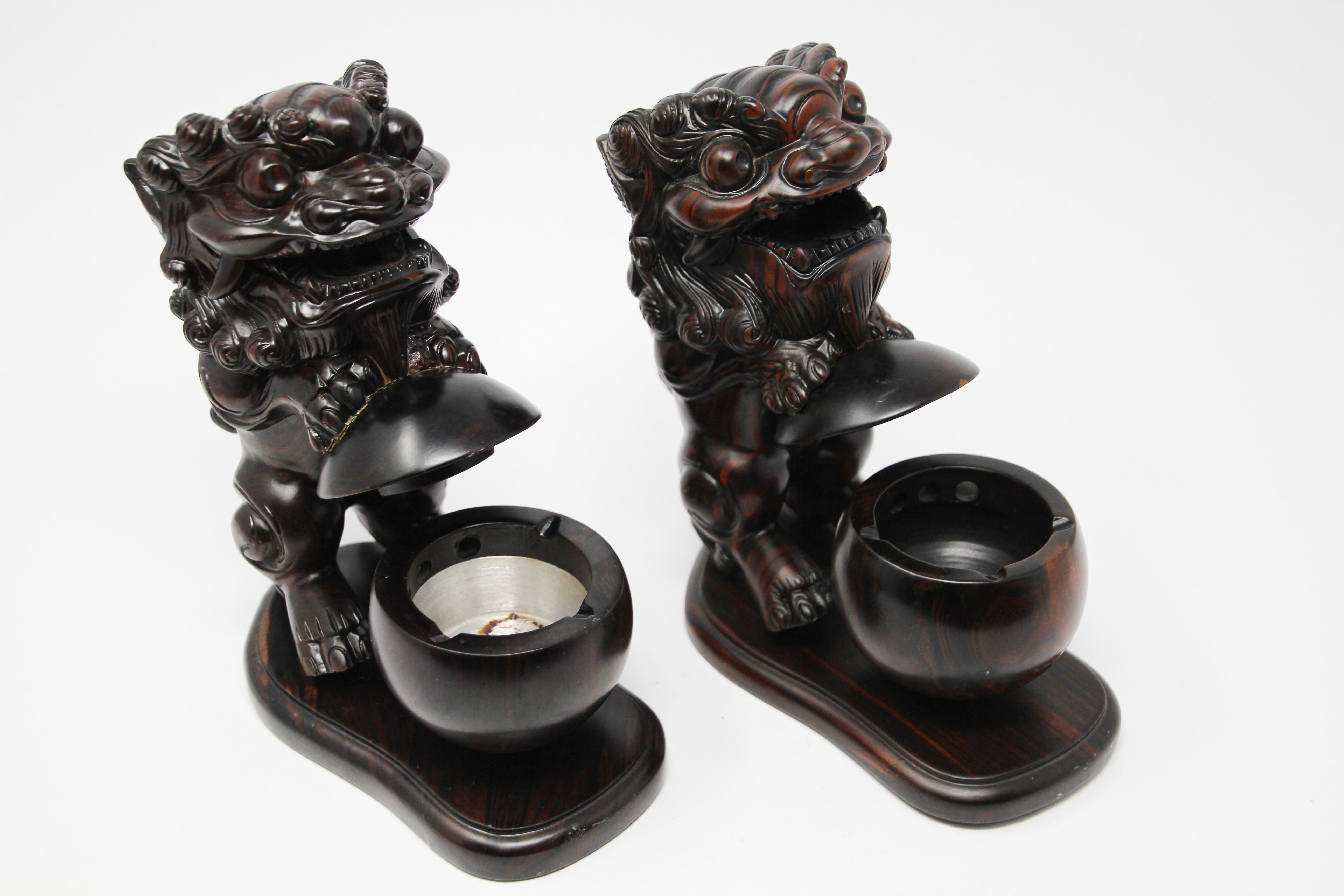 Two Chinese Wood Lion Foo Dogs Incense Holder For Sale 5