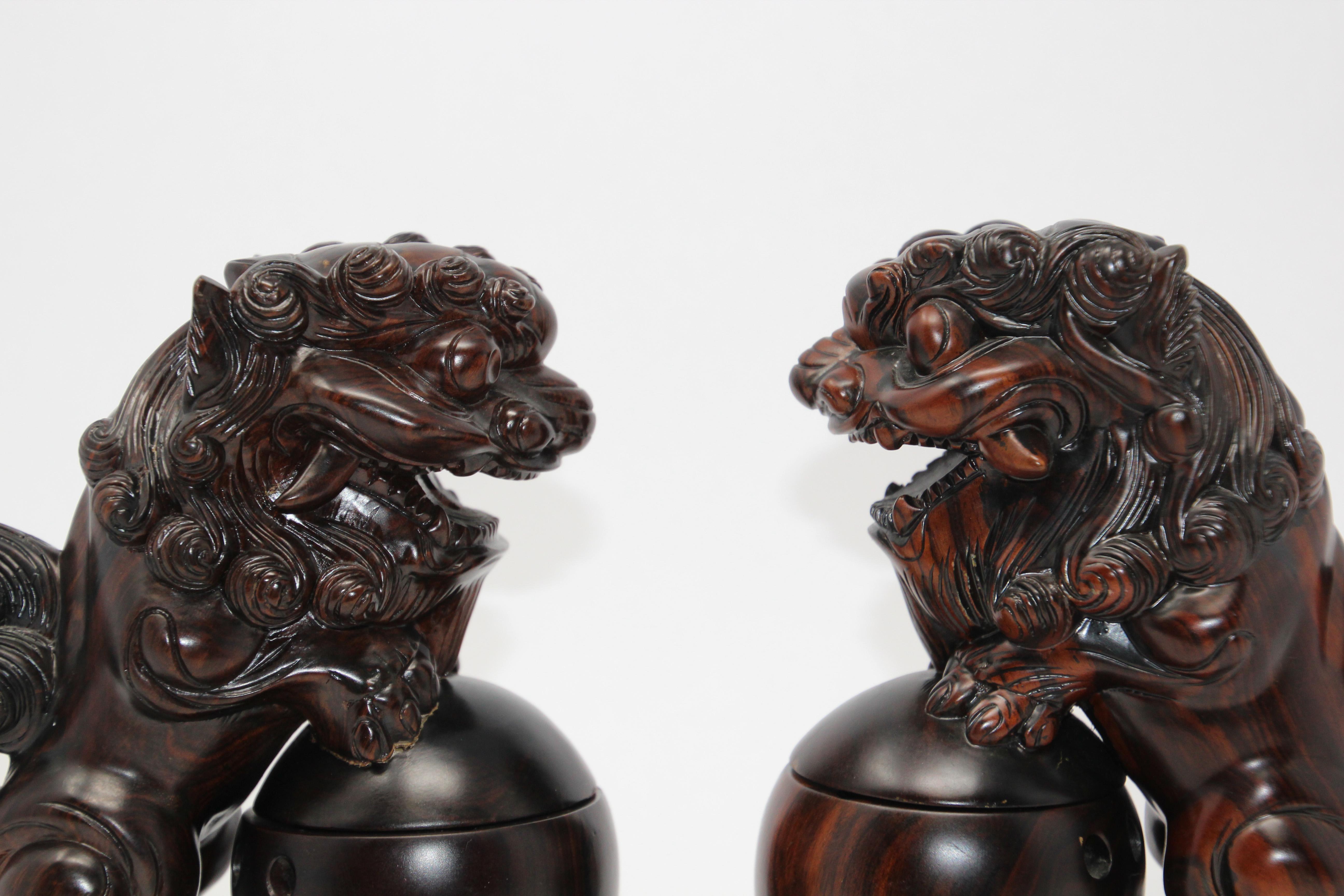 Two Chinese Wood Lion Foo Dogs Incense Holder For Sale 5