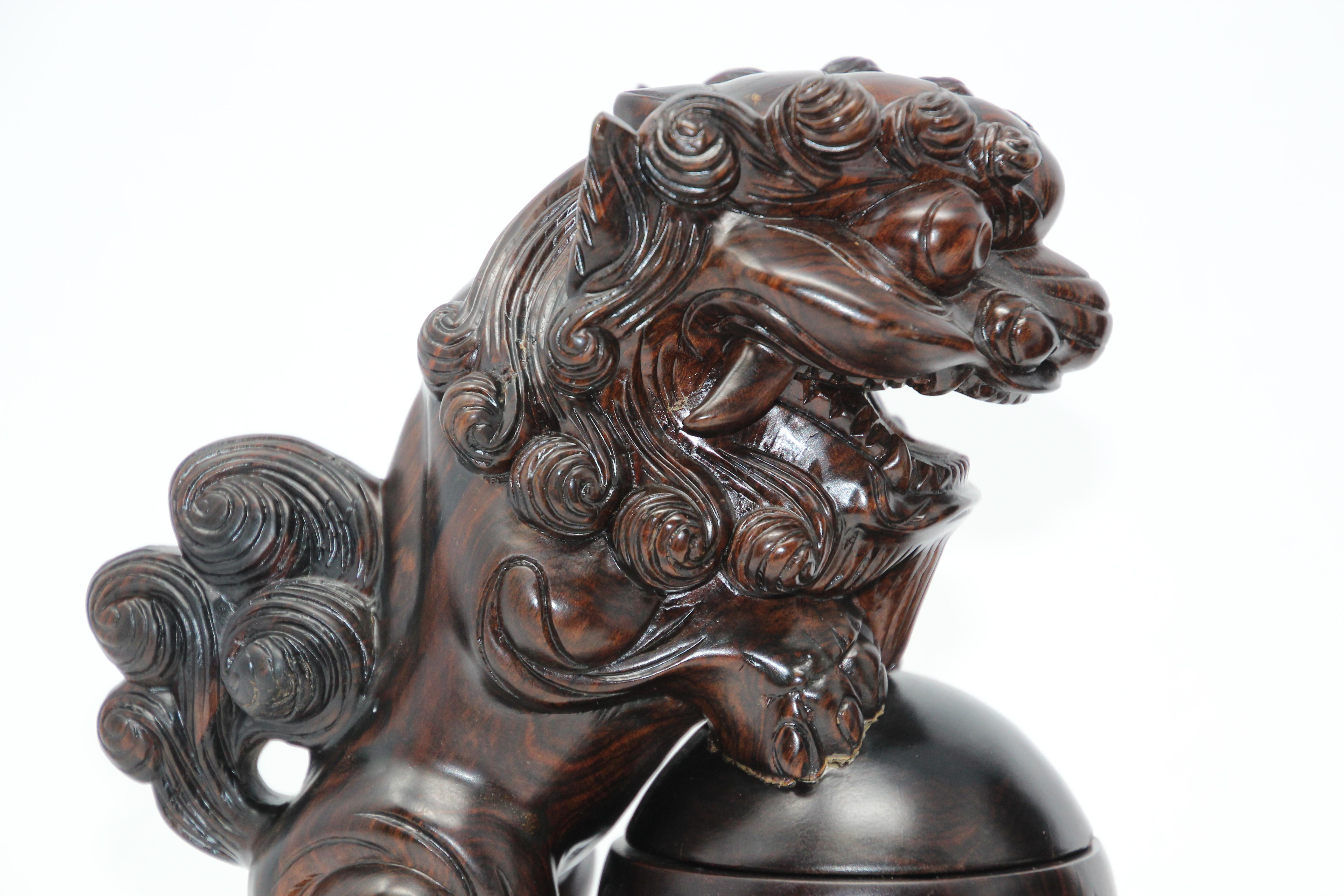 Two Chinese Wood Lion Foo Dogs Incense Holder For Sale 12