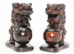 Two Chinese Wood Lion Foo Dogs Incense Holder
