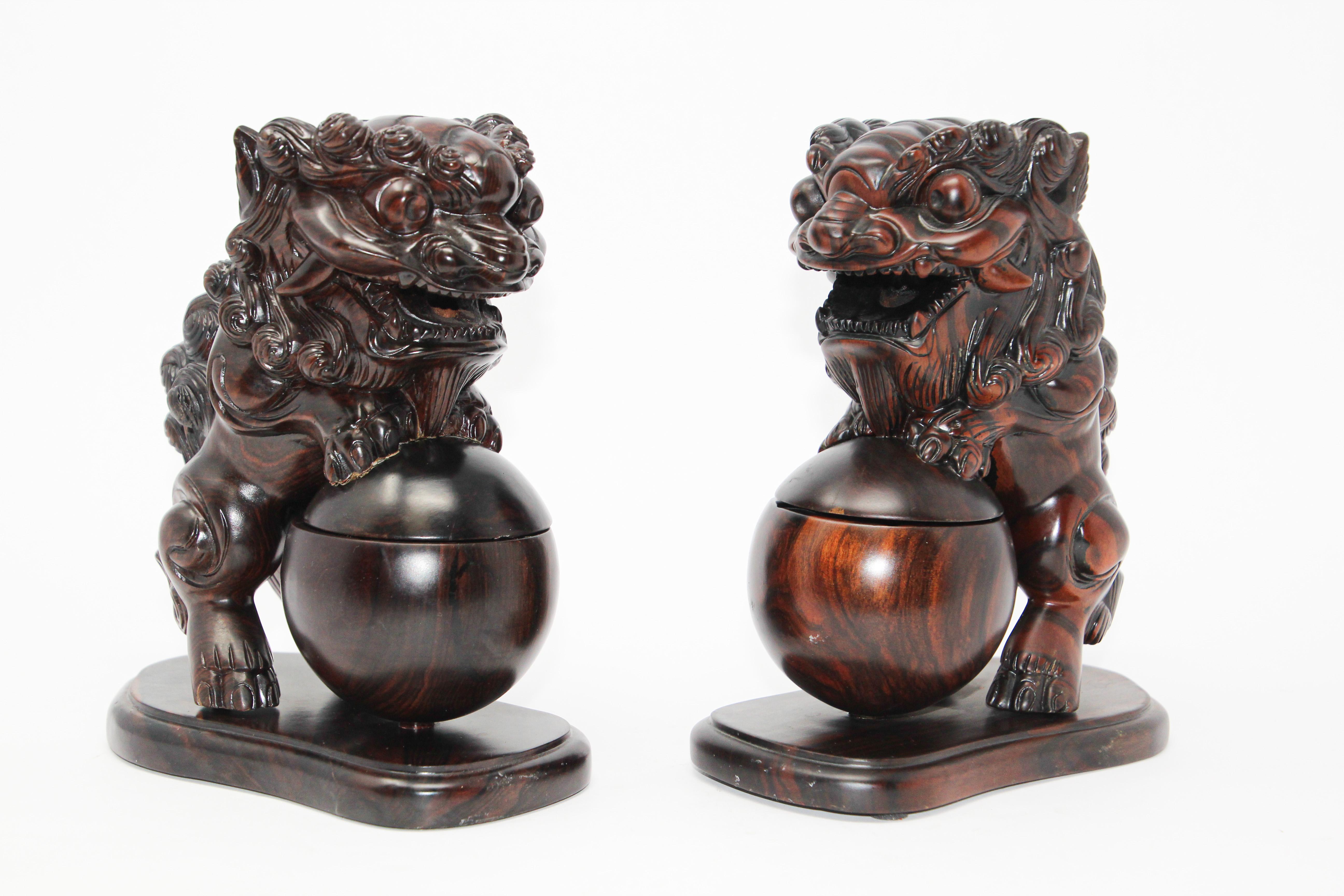 Chinese Export Two Chinese Wood Lion Foo Dogs Incense Holder For Sale