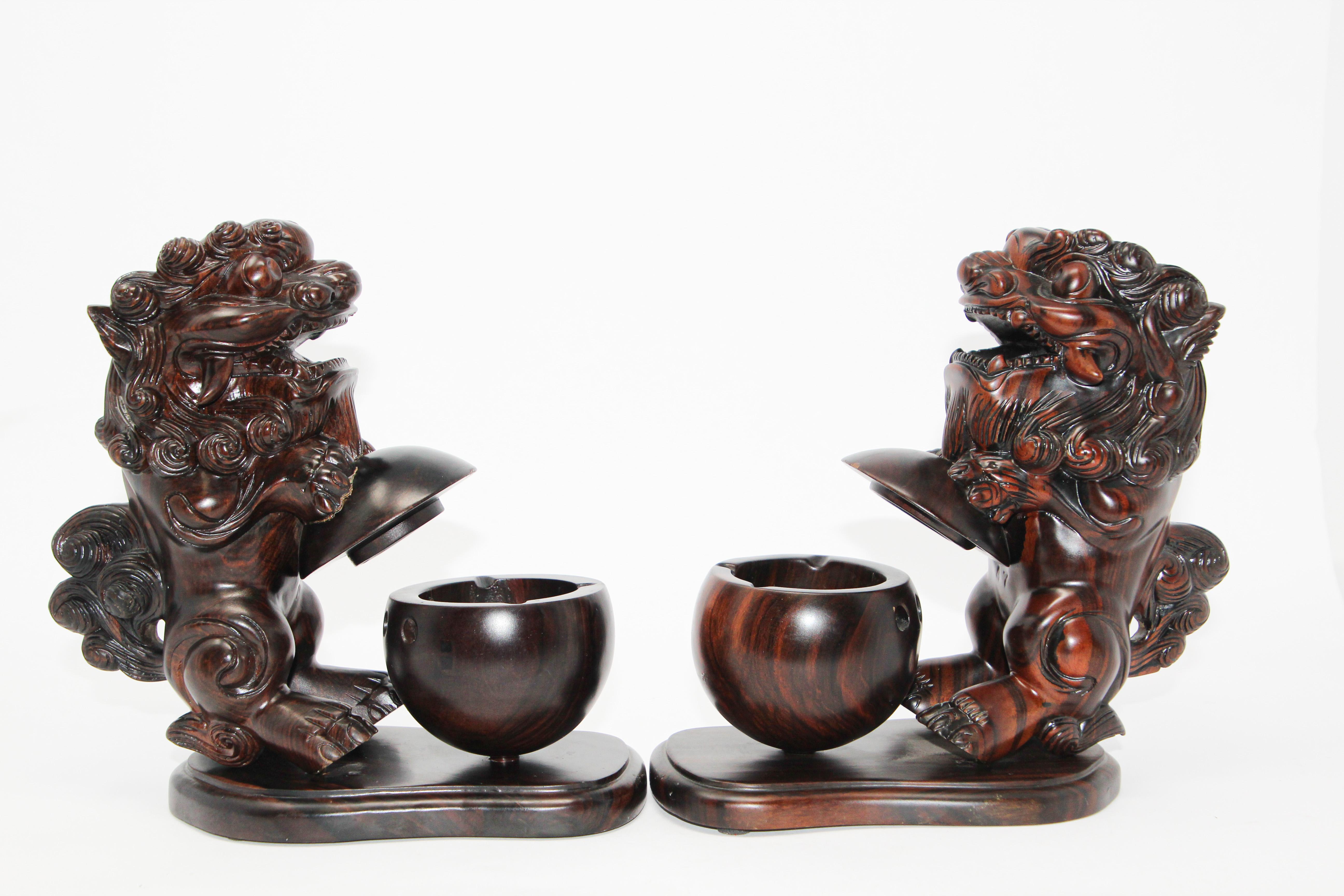 Hand-Crafted Two Chinese Wood Lion Foo Dogs Incense Holder For Sale