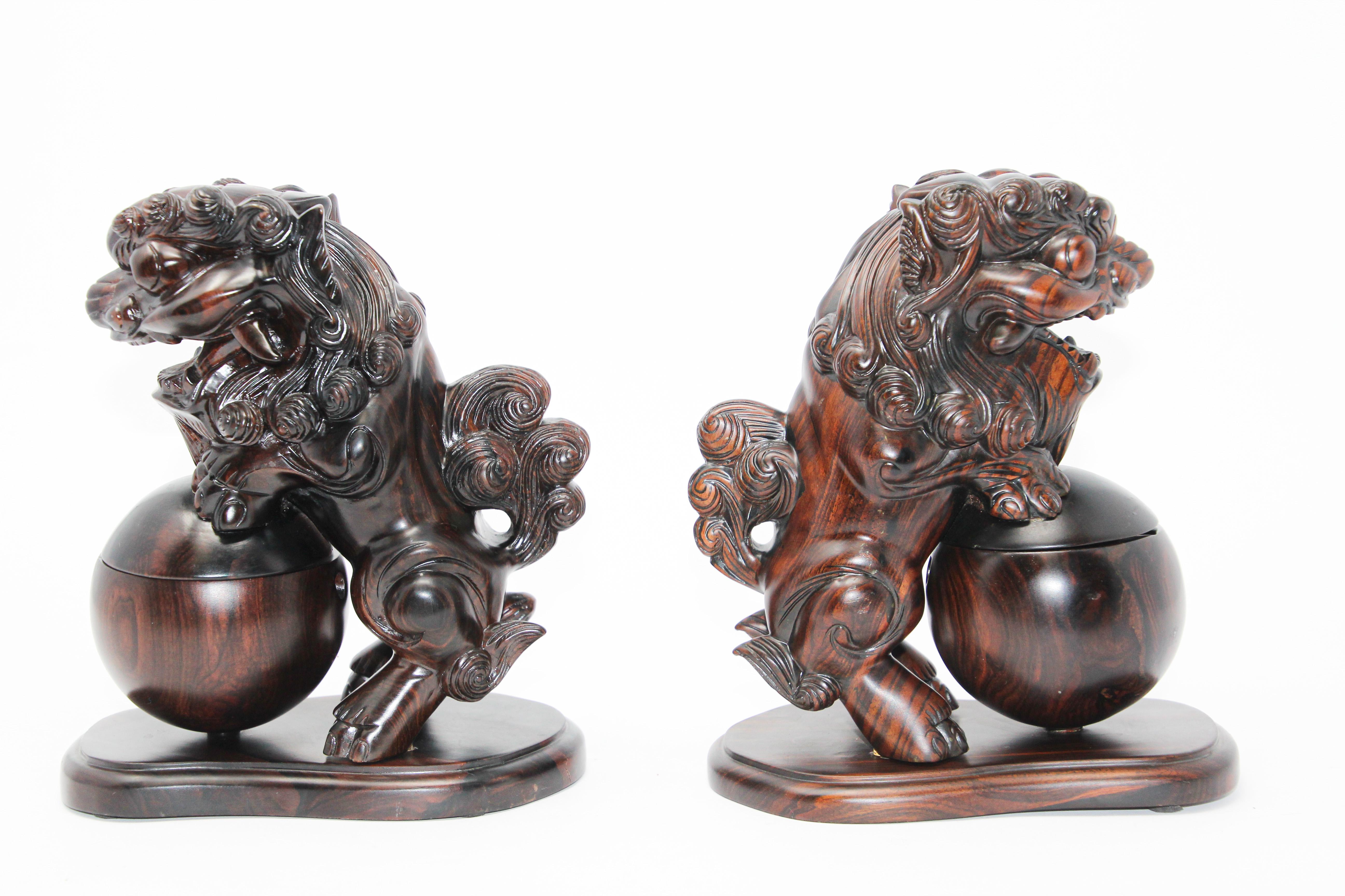 20th Century Two Chinese Wood Lion Foo Dogs Incense Holder For Sale
