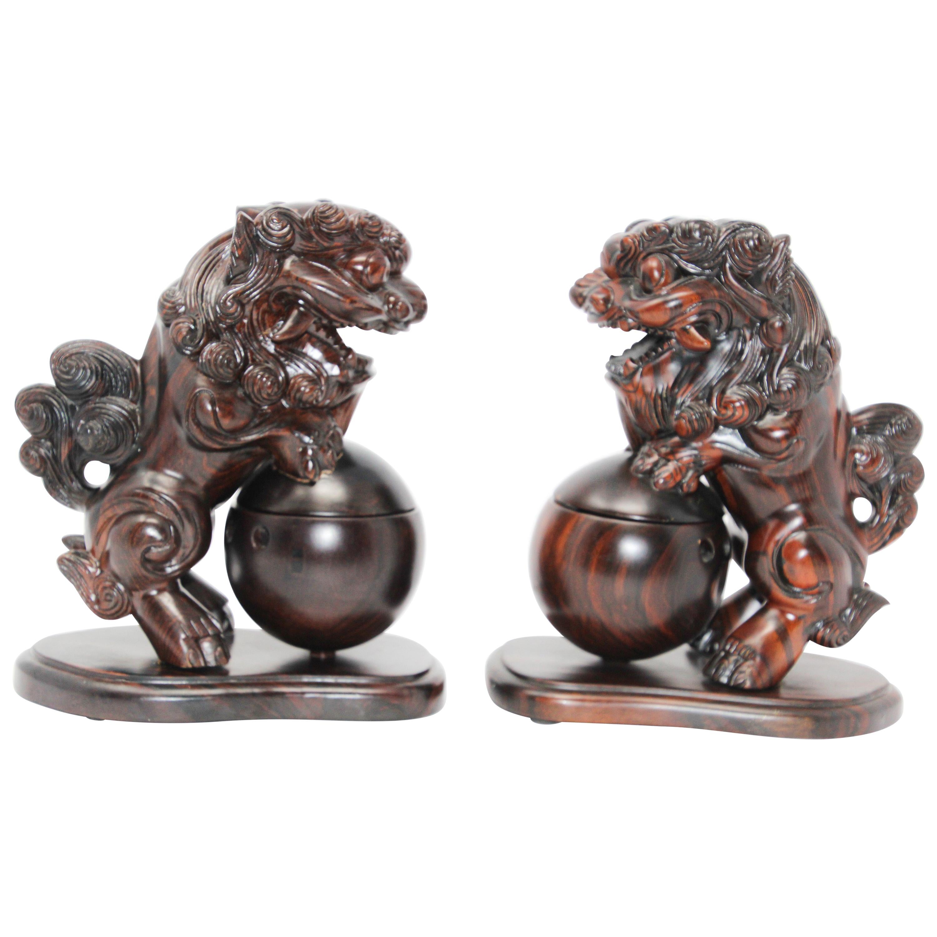 Two Chinese Wood Lion Foo Dogs Incense Holder For Sale