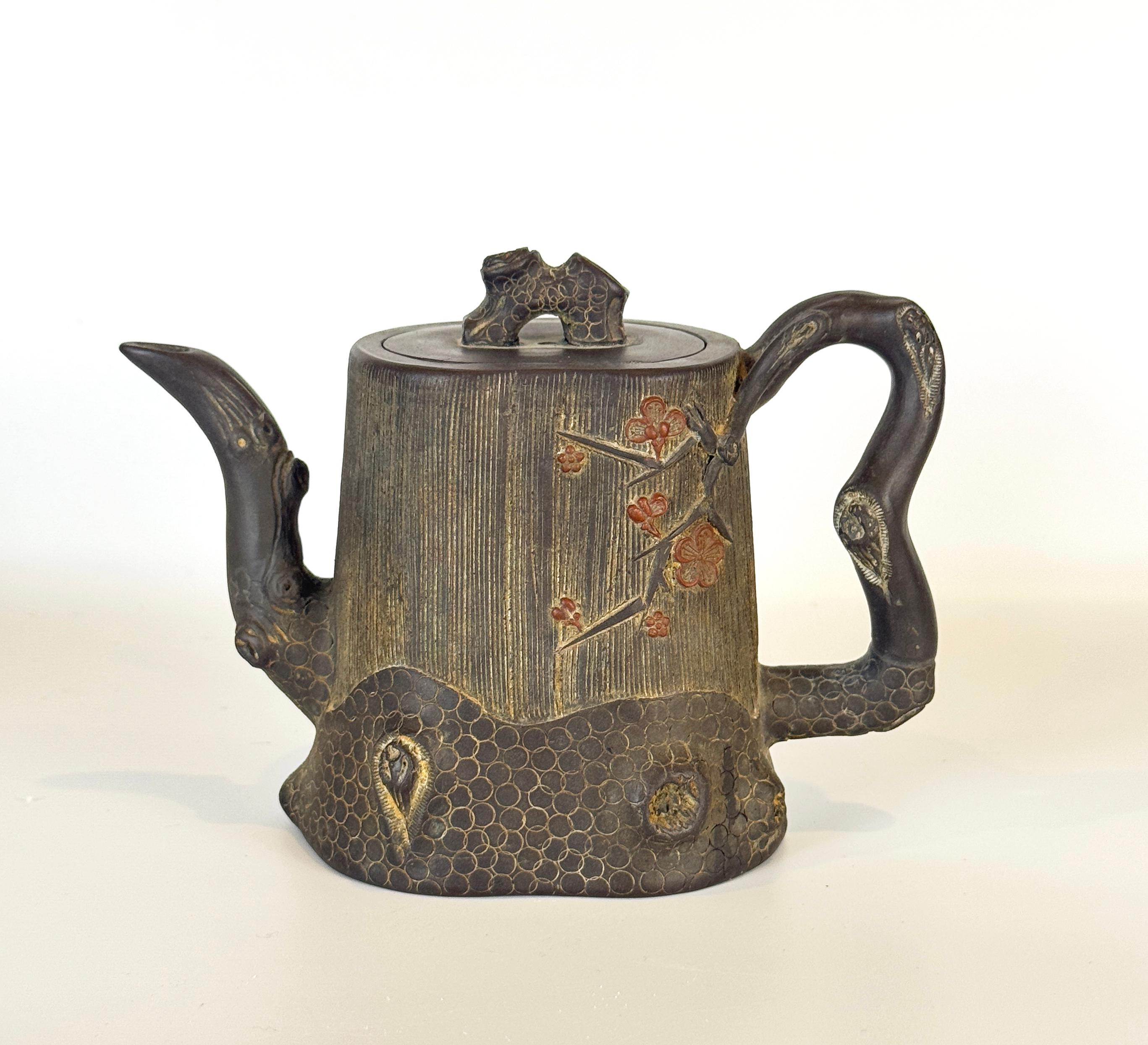 Two Chinese Yixing Clay Teapots, Bamboo & Cherry Blossom For Sale 8