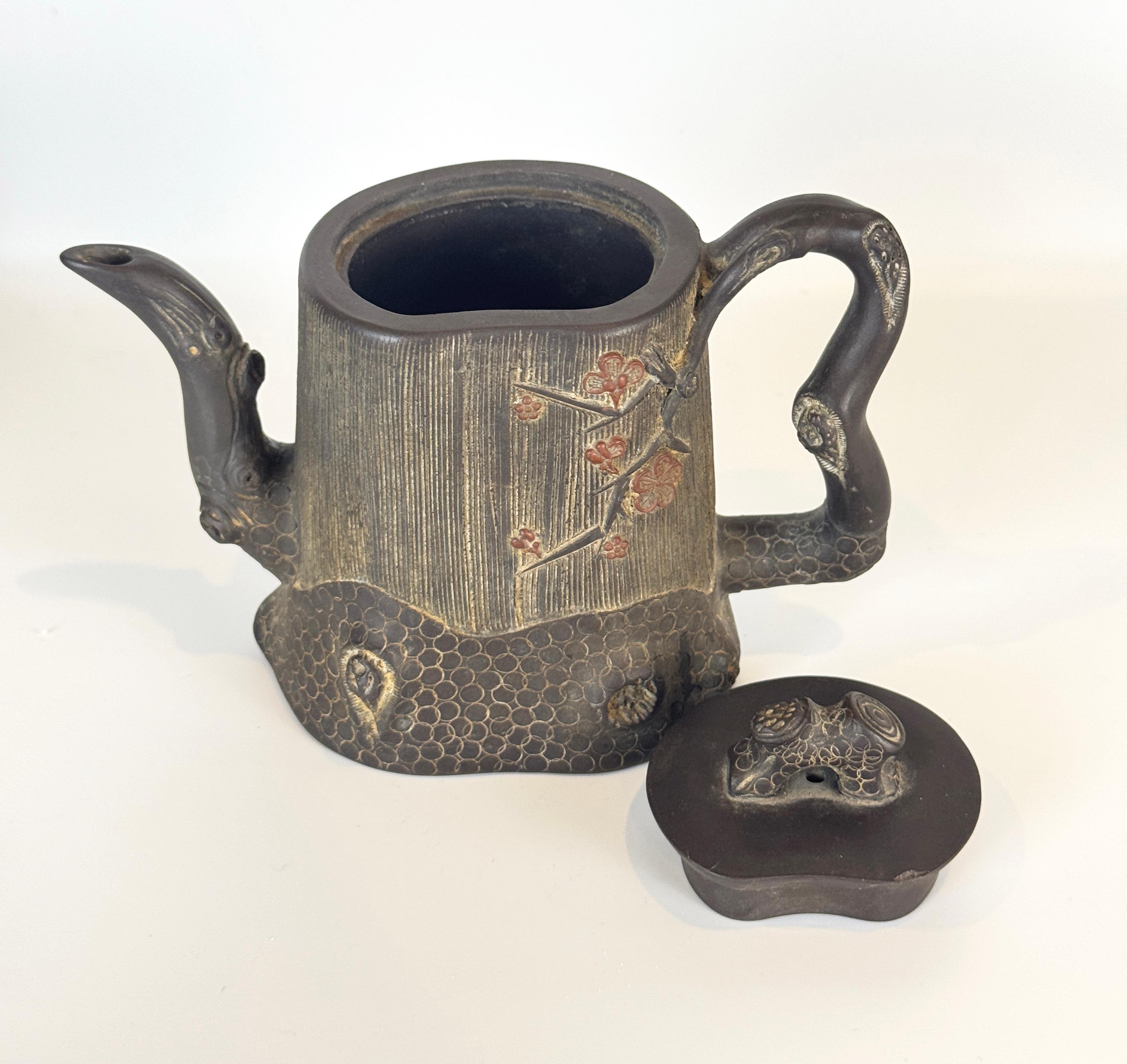Two Chinese Yixing Clay Teapots, Bamboo & Cherry Blossom For Sale 9