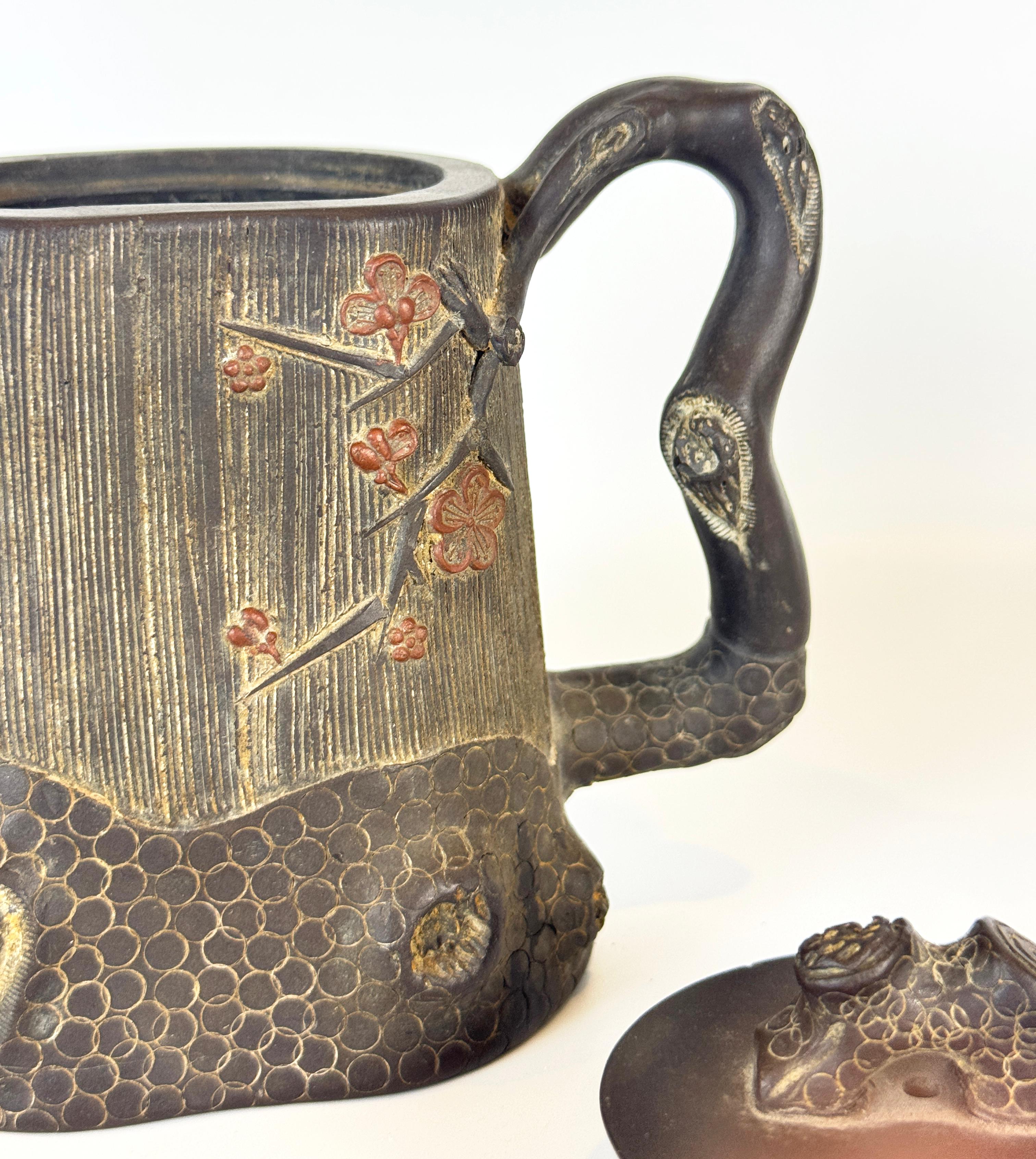 Two Chinese Yixing Clay Teapots, Bamboo & Cherry Blossom For Sale 11