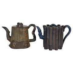 Two Chinese Yixing Clay Teapots, Bamboo & Cherry Blossom