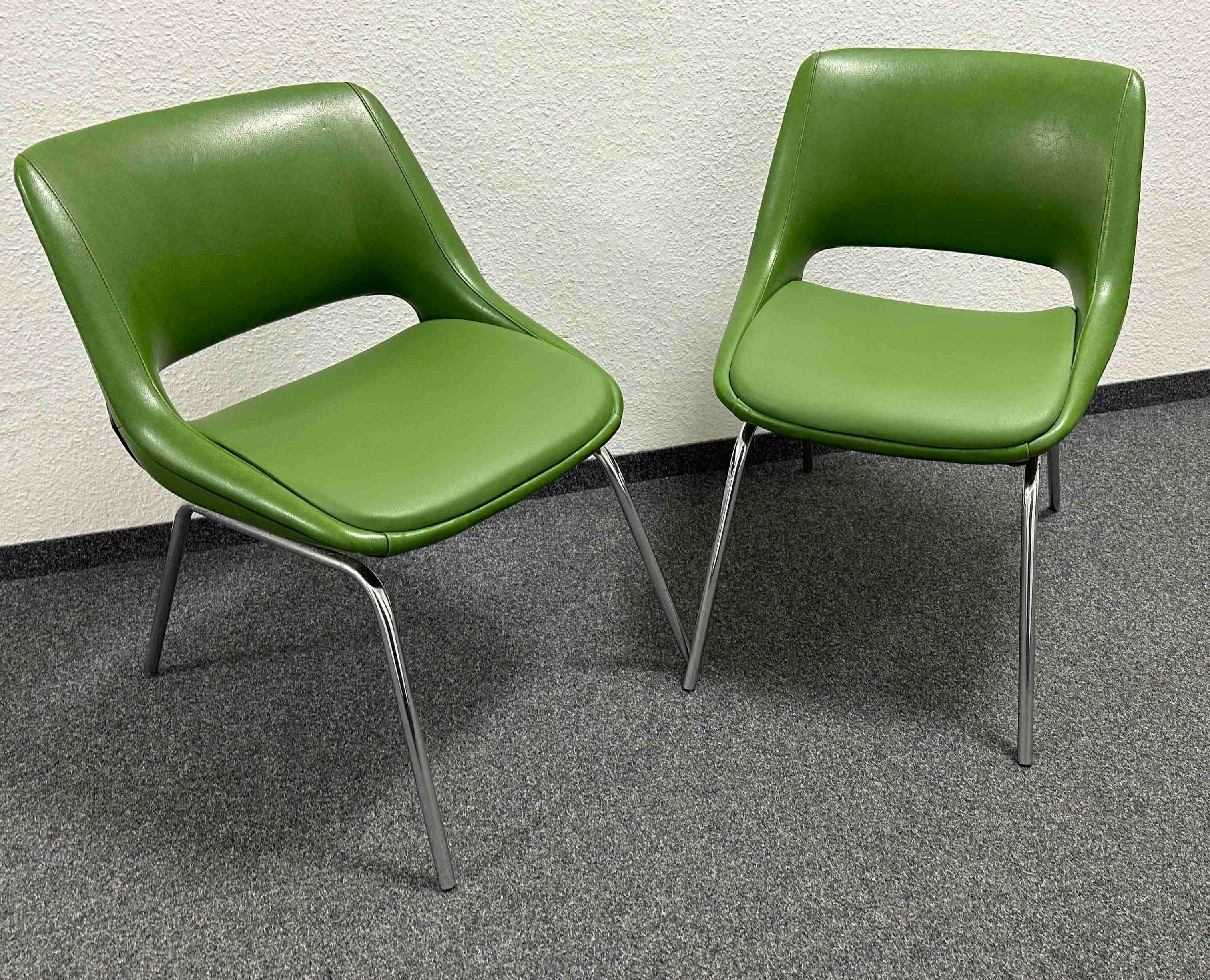 Two Chrome Base, Green Faux Leather Chairs Made by Blaha, Austria, 1970s For Sale 6